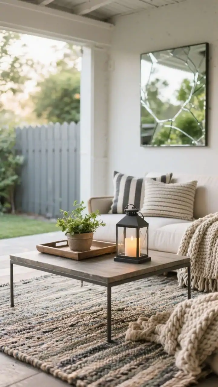 Detail closeup: A styled outdoor coffee table vignette on a flatweave rug, featuring a tray with a candle lantern (LED candle inside for breezy conditions) and a small potted herb; in the softly blurred background, weatherproof outdoor art on a fence and a shatter-resistant acrylic mirror under a covered area reflect greenery; textiles show texture chunky-knit outdoor throw and striped cushions; natural daylight, crisp textures, no people, photorealistic.