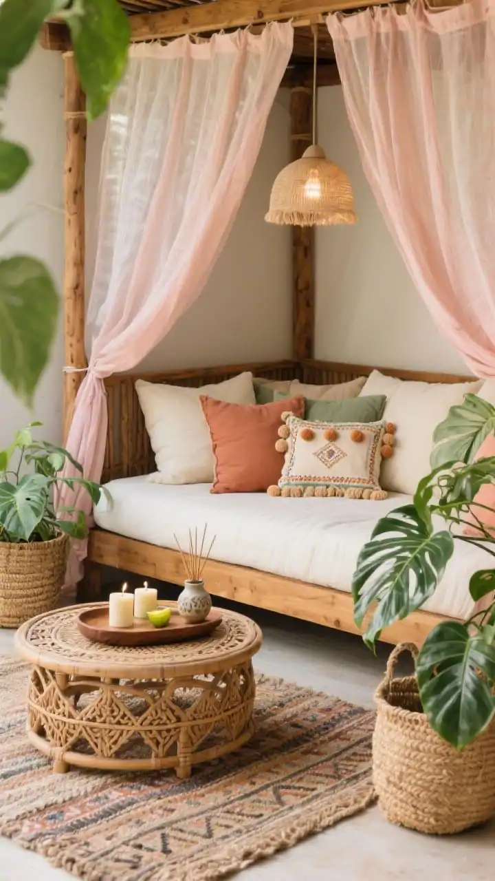 Detail closeup, Boho Bali Daybed Nook: canopy daybed in warm teak draped with sheer outdoor curtains billowing softly; oversized cushions in cream, clay, and sage; kilim-style flat-weave outdoor rug peeking beneath; round rattan coffee table with a carved wood tray holding citronella candles and a ceramic incense holder; pom-pom trim and embroidered lumbar pillows; seagrass basket planters with monstera leaves and trailing philodendron entering frame; soft, earthy neutrals with lush greens and a touch of clay pink; gentle, diffused pendant light above; intimate, texture-focused composition.