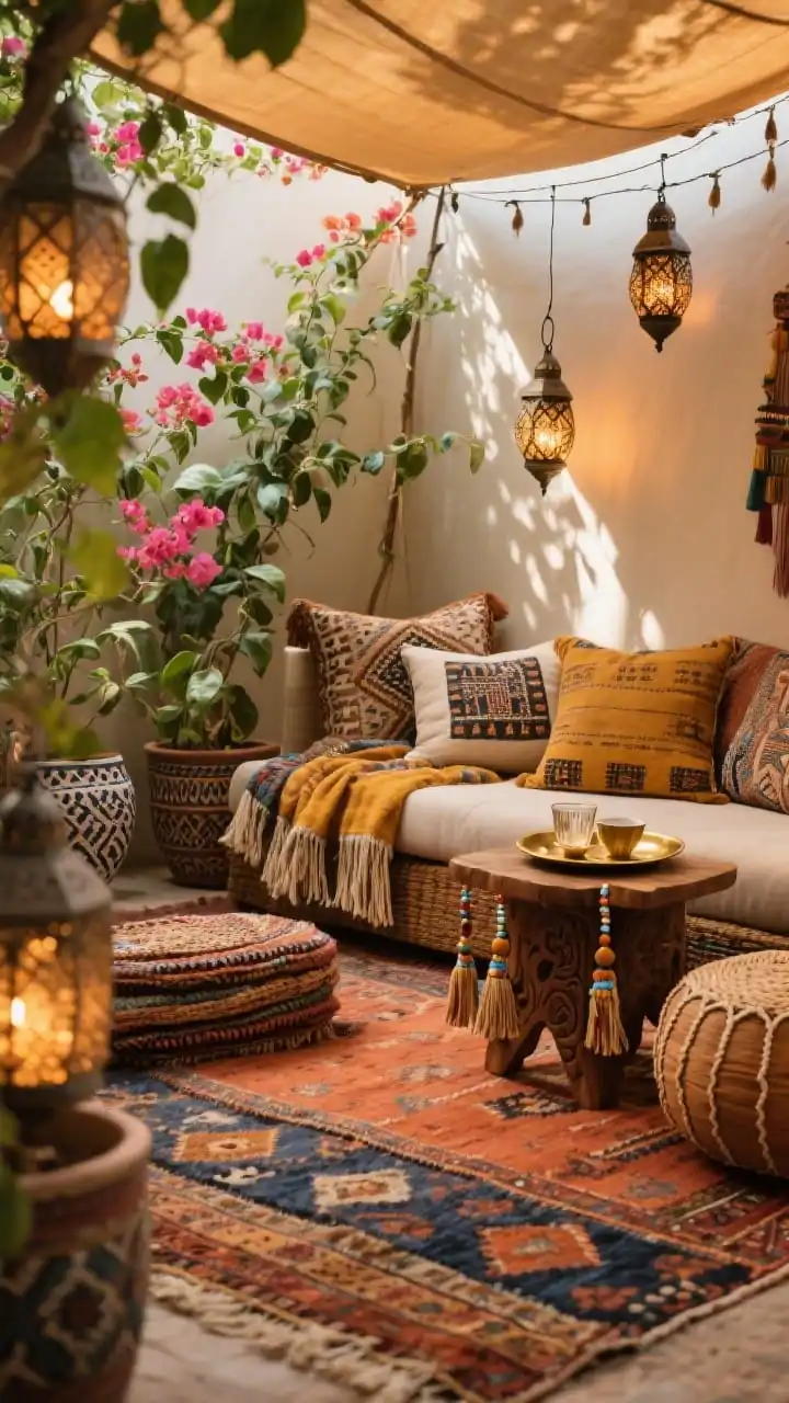Detail closeup, Boho Bazaar Lounge Nook textures: a layered rugscape of outdoor kilims in terracotta, saffron, and indigo stacked at slight angles; the corner of a low modular sofa with fringed and block-printed pillows; wicker poufs and a carved mango wood side table holding a brass tray with tea glasses; tassel throws and beaded lanterns peeking into frame; cascading pothos and bougainvillea in patterned pots softly blurred in background; warm, dappled light from a canopy sail above; Moroccan-inspired string lanterns beginning to glow; rich, collected boho mood, photorealistic.