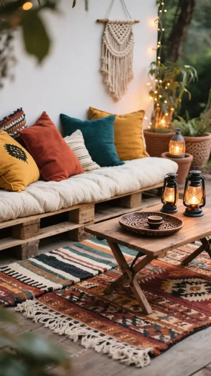 Detail closeup, Boho Textiles Hideaway: overlapping outdoor rugs (kilim-inspired, striped, fringed) beneath the edge of a low-profile pallet daybed; thick floor cushions and a pile of mix-and-match pillows in rust, saffron, deep teal, and cream with matte black accents; a carved wood tray on a folding tea table holding lanterns; macramé wall hanger blurred in the background; fairy lights and battery lanterns woven through nearby planters creating a warm twinkle; tactile, layered textures, no people, photorealistic.