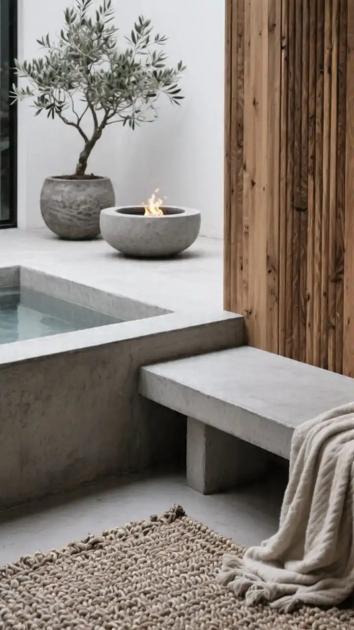 Detail closeup: Concrete chic textures. Focus on the junction of a smooth troweled soft-gray concrete hot tub skirt, a matching concrete bench, and adjacent ribbed/fluted warm wood paneling. In the background, a circular concrete fire bowl with a gentle flame softens the geometry. Oversized textured planters with an olive tree or Japanese maple sit nearby. A chunky-weave outdoor rug edges into the frame, layered with a neutral throw. Monochrome grays balanced with warm wood and tactile finishes.