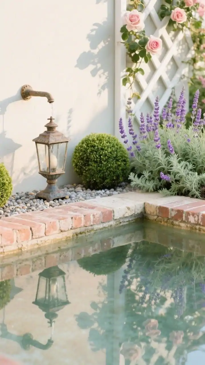 Detail closeup, cottage-style reflecting pool edge and flora: the small rectangular reflecting pool bordered by reclaimed brick laid in a herringbone pattern, capped with softly aged limestone coping. Water reflects nearby blooms; planting includes lavender spikes, boxwood balls, soft catmint spilling toward the edge, and a glimpse of climbing roses on a white trellis in the background. A vintage-style wall spout trickles gently into the pool; iron garden lantern base visible on pea gravel. Color palette of sage, blush, dusty lavender, and antique cream subtly present; soft late-afternoon light enhances texture and patina, no people.