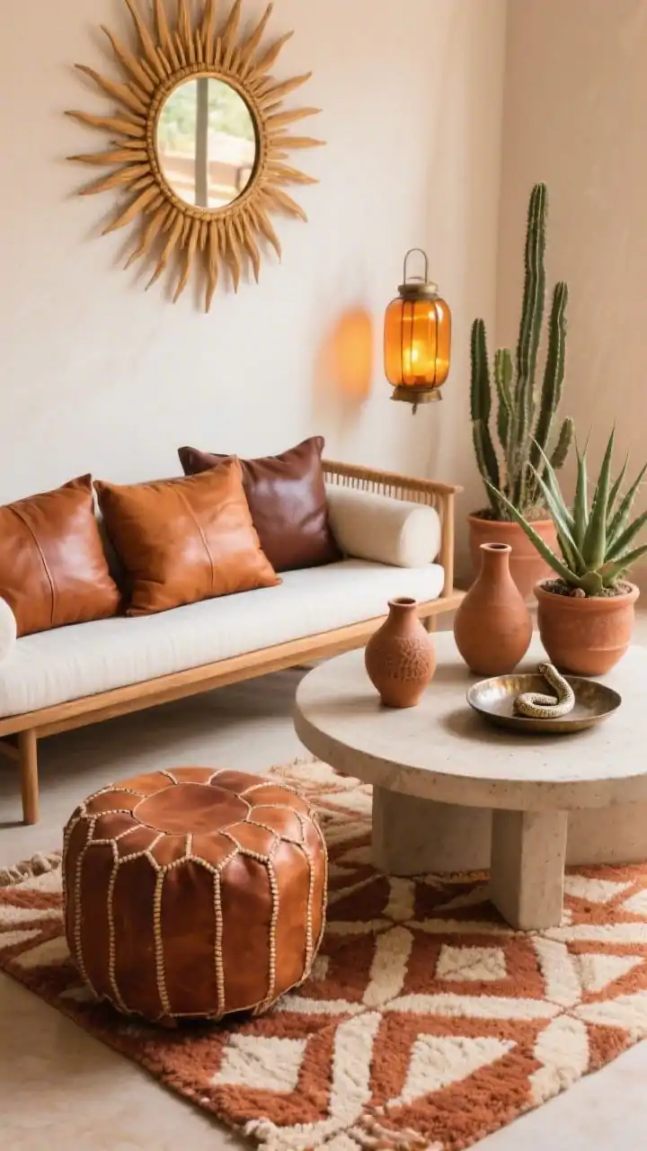 Detail closeup, Desert Chic Sanctuary: saddle leather cushions on a slim-profile wood loveseat adjacent to a round concrete table; a woven leather ottoman and a rust-and-ivory geometric rug beneath; matte clay pots with cacti, aloe, and snake plants; ceramic jugs and a hammered metal tray styled on the table; a sunburst mirror catching warm light on the wall; lanterns with amber glass casting a golden-hour glow; palette of terracotta, saddle brown, rust, and creamy white; warm, sculptural textures, no people, photorealistic.