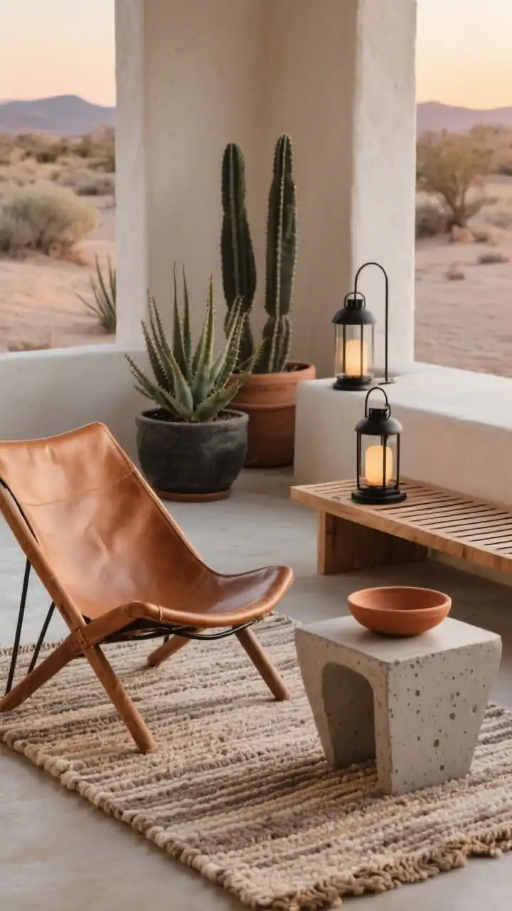 Detail closeup, desert-modern retreat textures: flatweave rug in sand/taupe beneath a low-slung sling chair in caramel faux leather; a DIY poured-concrete side table with subtle air bubbles and matte finish holding a terracotta bowl; clean lines of a slatted wood bench edge in frame; black metal lanterns with warm glow; palette of clay, charcoal, and sun-baked neutrals; nearby planters with potted cactus, aloe, and pencil euphorbia (no people). Soft sunset light, minimal and sculptural.