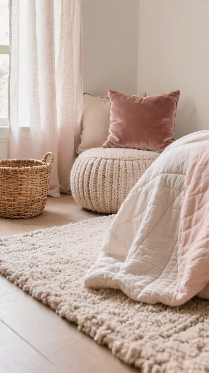 Detail closeup emphasizing texture: low-pile boucle rug meeting the edge of a rattan basket, a knit pouf nearby, corner of a bed with quilted cotton blanket layered over muslin sheets, and a velvet pillow with a removable washable cover; sheer linen curtain filtering daylight with blackout liner peeking behind; tactile, cozy textures in soft neutral and blush tones, photorealistic macro lighting that highlights weave and pile.