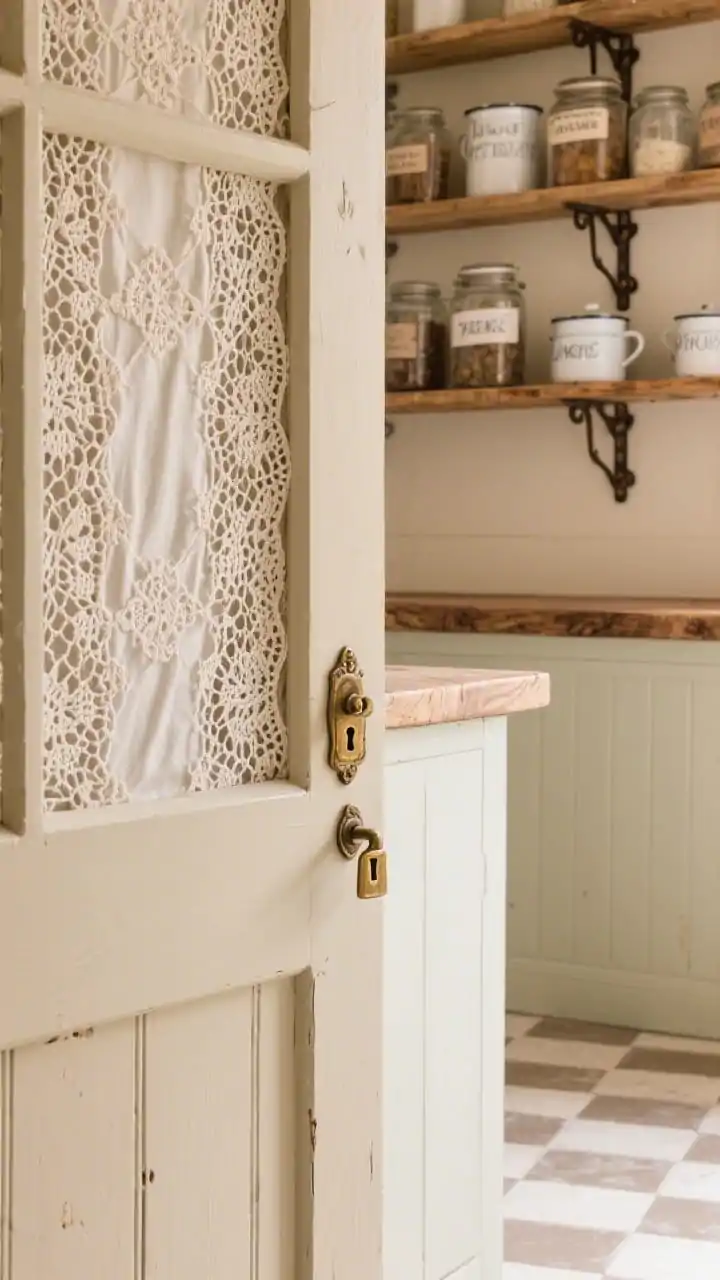 Detail closeup, eye-level: French farmhouse pantry cabinet door with lace-paneled insert and mushroom-beige paint, secured by an antique brass latch. Beyond, a butcher-block counter edge meets aged iron brackets holding thick pine shelves lined with hand-labeled jars and bits of enamelware. Soft checkerboard floor in cream and taupe blurs in the background. Warm, nostalgic lighting to emphasize textures of lace, pine grain, and patinated metal. Photorealistic, no people.