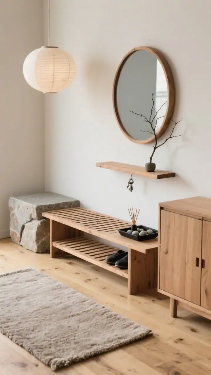 Detail closeup, eye-level, of a Japandi Calm Retreat vignette: blonde oak flooring meeting a nubby wool runner in heathered beige, the edge of a slatted wood bench adjacent to a stone-topped shoe cabinet. Above, a round oak-framed mirror reflects soft gray and oat tones. A small ledge shelf holds a single ikebana-style branch. Rice-paper globe pendant provides diffused glow. Include a black pebble tray with keys and incense. Serene, warm wood minimalism, photorealistic.