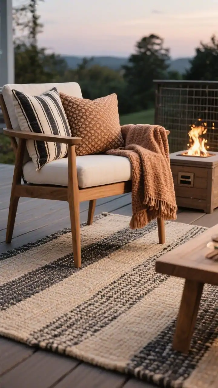 Detail closeup focusing on layered textiles: an outdoor rug large enough that all front chair legs rest on it, woven polypropylene with a subtle stripe in sand and charcoal; on a teak chair, pillows mixed in two patterns (thin charcoal stripe and small geometric) plus one solid in clay; a textured throw draped over the chair back for a “cinematic cozy” finish; solution-dyed acrylic and polypropylene fabrics shown with visible weave; a lidded deck box in the background; fire spark screen visible at a safe distance; soft evening light; photorealistic, no people.