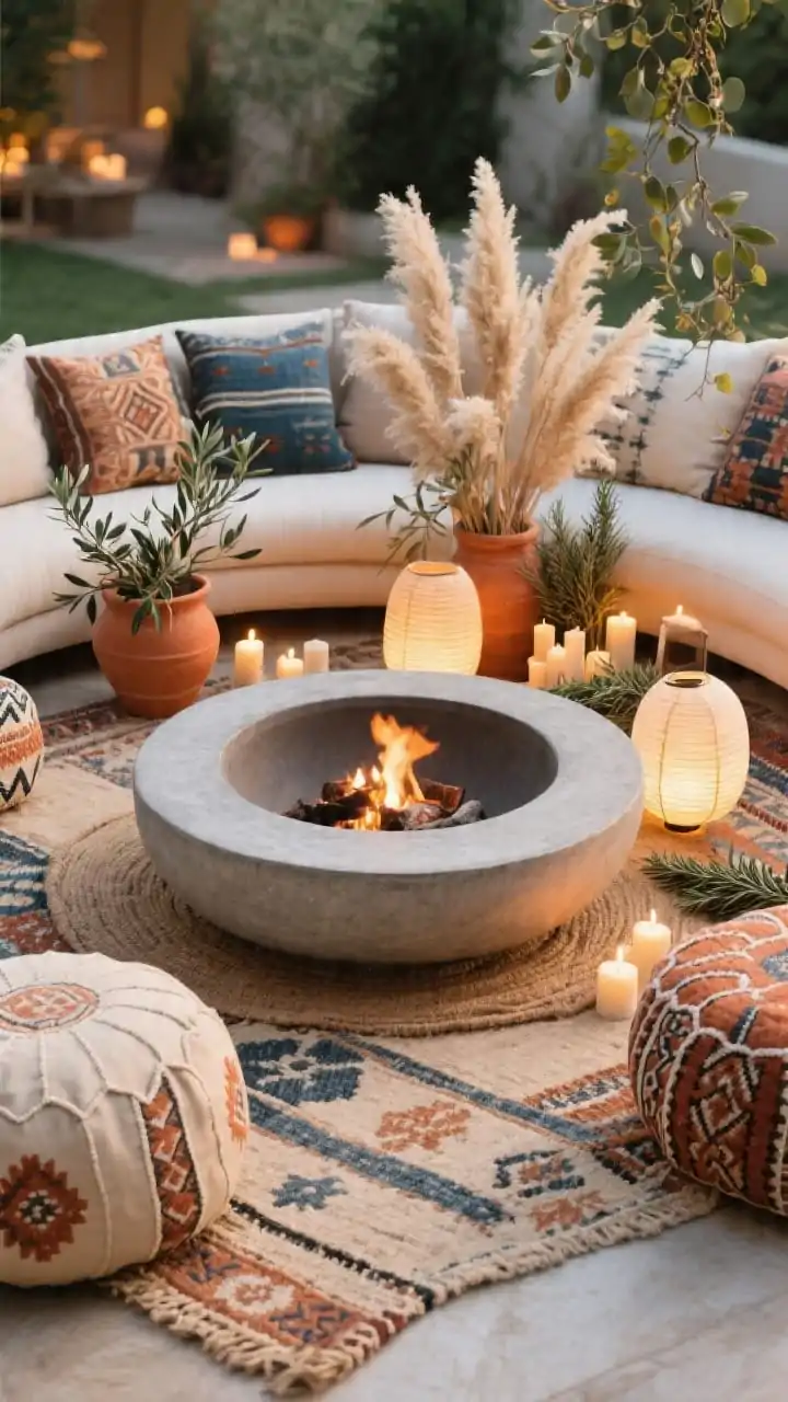 Detail closeup from a boho lounge: low round fire bowl edge with ash-gray concrete finish framed by layered rugs a flat-woven outdoor rug over a jute-look base; oversized floor cushions and poufs in kilim patterns with neutrals, terracotta, and hits of indigo and rust; soft, rounded layout with curved edges visible; clusters of candles and paper lanterns casting ambient glow; terracotta pots with pampas grass, olive sprigs, rosemary, and trailing vines in background bokeh, no people
