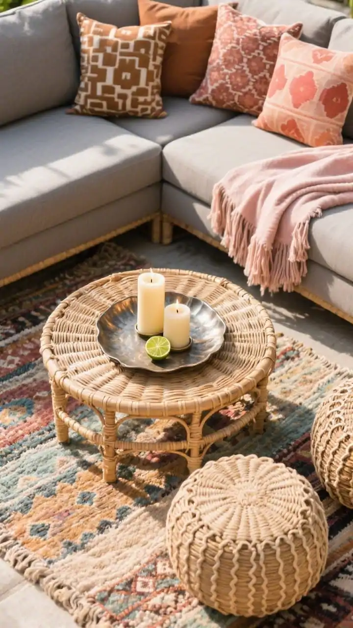 Detail closeup from above of layered boho textures on a Moroccan-style outdoor rug: a round rattan coffee table holding a hammered metal tray with pillar candles and citronella; edges of a warm gray low modular sectional with block-printed pillows in cinnamon, rust, coral, and soft blush; a fringed throw draped casually; two woven poufs partially in frame; sun-faded, cozy palette with soft golden-hour highlights enhancing rattan, metal, and woven textures.