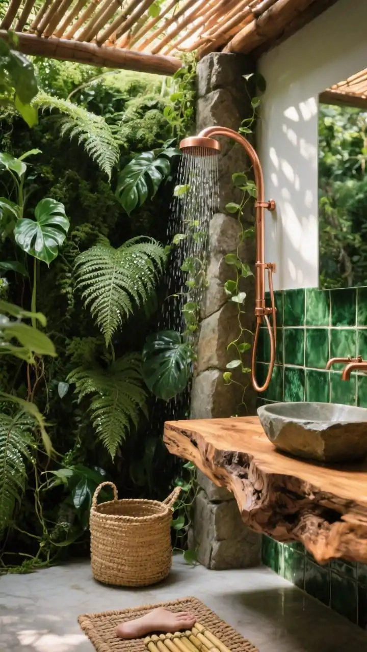 Detail closeup, jungle retreat textures: living wall with ferns, philodendron, trailing ivy covered in dew, copper rain shower arm arcing from a rustic stone pillar, sunlight filtering through a slatted canopy casting dappled patterns, emerald porcelain tiles with slight variation shimmering, edge of a chunky live-edge wood vanity with stone vessel sink, raffia basket and bamboo foot mat in foreground; palette of deep green, moss, warm copper, honey wood; humid, luminous natural light; macro-level photorealism.