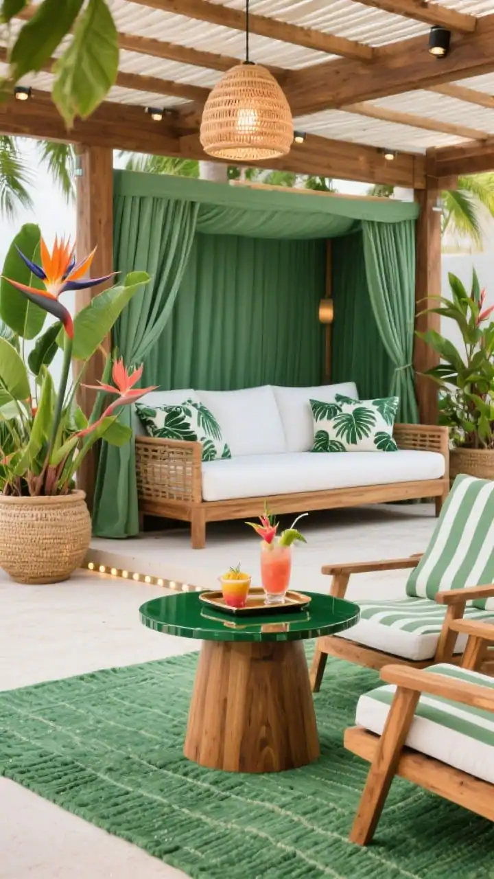 Detail closeup, low angle: A tropical resort cabana vignette highlighting lush textures. Foreground shows a round teak side table with a lacquered tray holding tropical drinks, beside teak lounge chairs with crisp striped cushions. Behind, a canopy daybed under a curtain-draped pergola and a sleek bright-white outdoor sofa are layered with bold leaf-print cushions. A palm-green flatweave rug sets the tone. Oversized planters of birds-of-paradise and philodendron provide height. Warm woven pendant lights glow overhead; subtle solar path lights outline the patio edges for a soft resort ambiance. Palette: palm green, bright white, natural teak, pops of coral. Materials: teak, performance canvas, woven seagrass, lacquer.