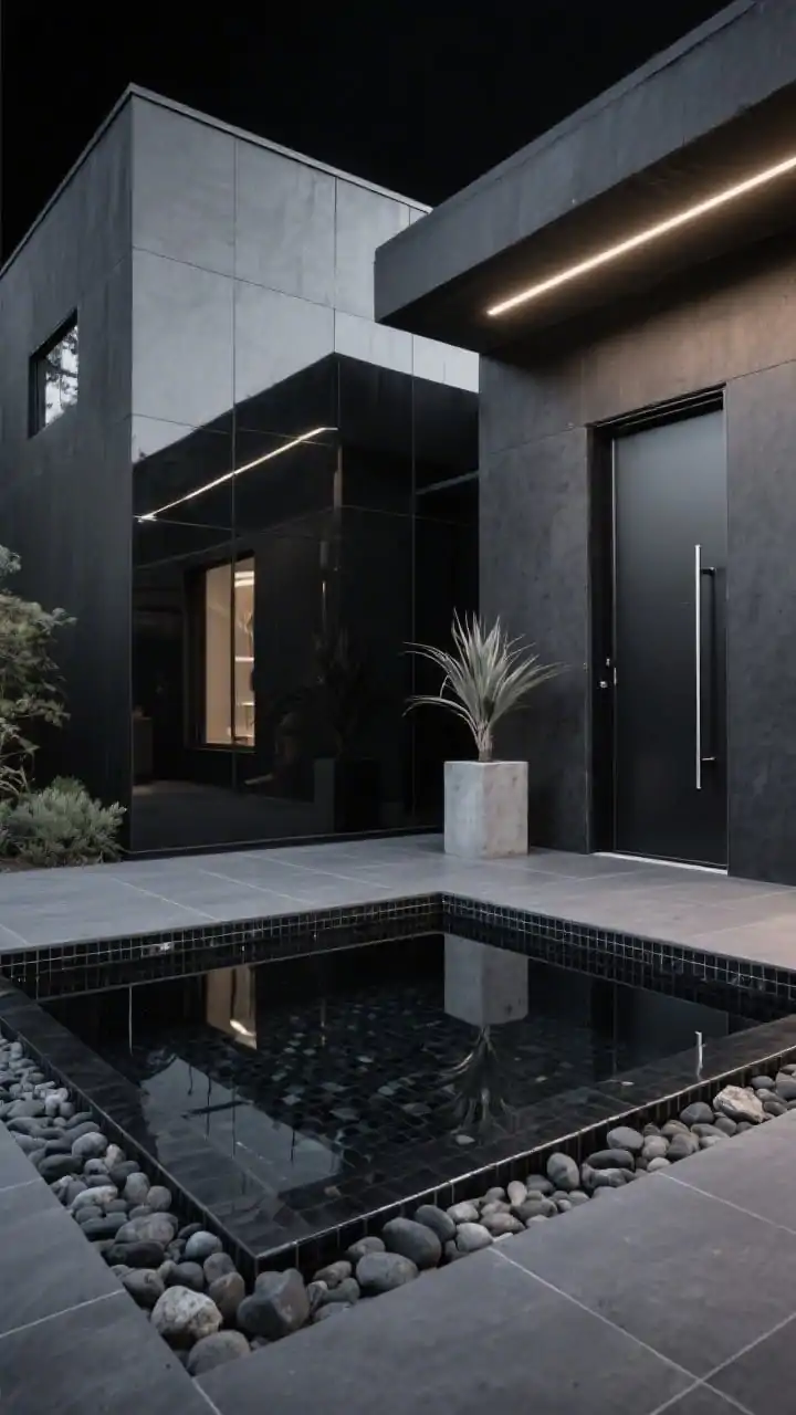 Detail closeup, low-angle emphasis on materials and reflections: a compact mirror-finish plunge pool tiled in ink-black mosaic sits flush with charcoal porcelain pavers, bordered precisely by smooth river stones. Reflections of a matte charcoal-clad cube façade with razor-clean lines ripple across the surface. Include a single concrete pedestal with a sculptural plant, linear LED strip lighting under the eaves, and a hint of the oversized front door with a vertical steel pull. Palette: black, graphite, smoke, silver. Vibe: moody, high-design, editorial. Night lighting accentuates edges. Photorealistic, no people.