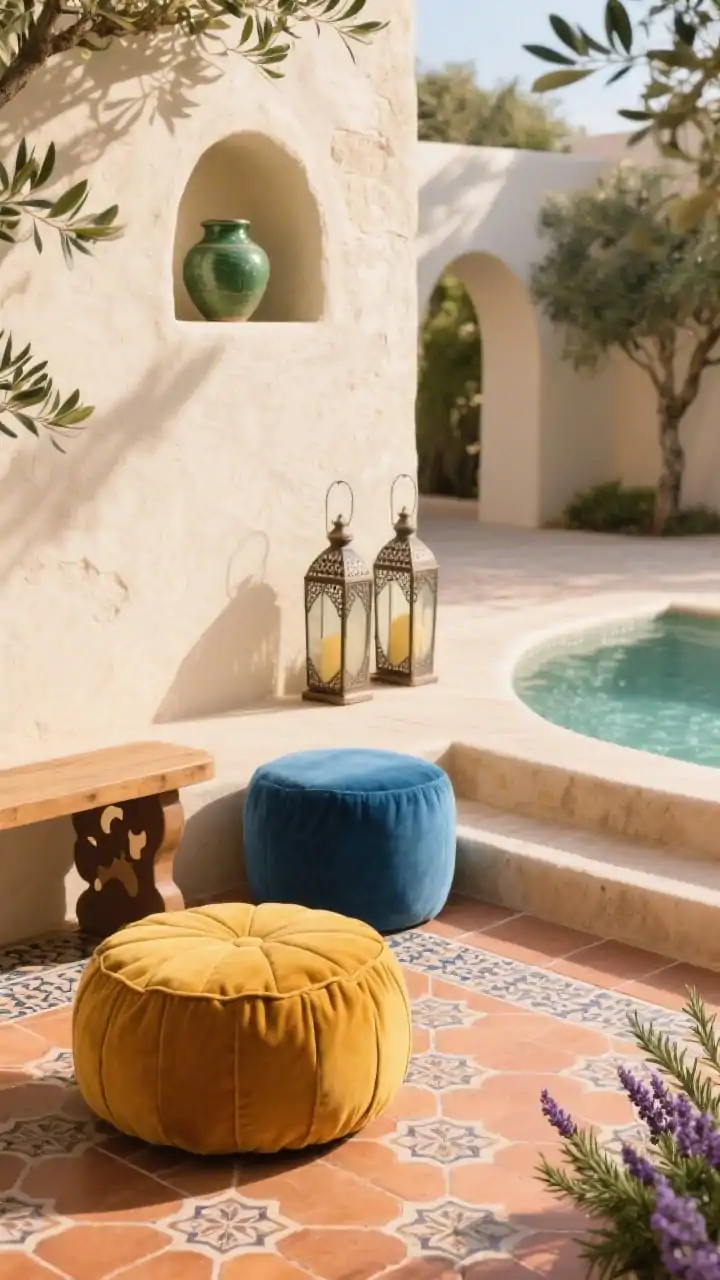 Detail closeup, Mediterranean courtyard textures in late afternoon sun: patterned terracotta porcelain tiles underfoot with a matte sealed finish for traction, meeting a creamy stucco stone wall with soft shadows. Foreground shows a saffron-toned low pouf in performance fabric beside a lapis blue pouf; edge of a wood bench with paw-friendly rounded corners. Moroccan lantern trio resting near the curved saltwater plunge pool steps slightly out of focus; arched niche with pottery in olive green tones; hints of olive trees and sprigs of rosemary and lavender framing the background; warm, romantic glow, photorealistic.