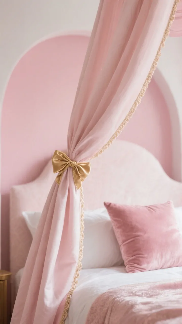 Detail closeup: Minimal princess theme elements pale pink canopy edge in smooth cotton with delicate sateen bow ties, a small gold-trim curtain tie holding the fabric back, a velvet blush cushion on the bed; in the blurred background, a subtle painted half-moon/arched wall detail in a slightly deeper pink acts as a headboard; soft, elegant lighting that shows the luxe textures without sparkle overload; mood: elevated, refined royalty; photorealistic, no people.