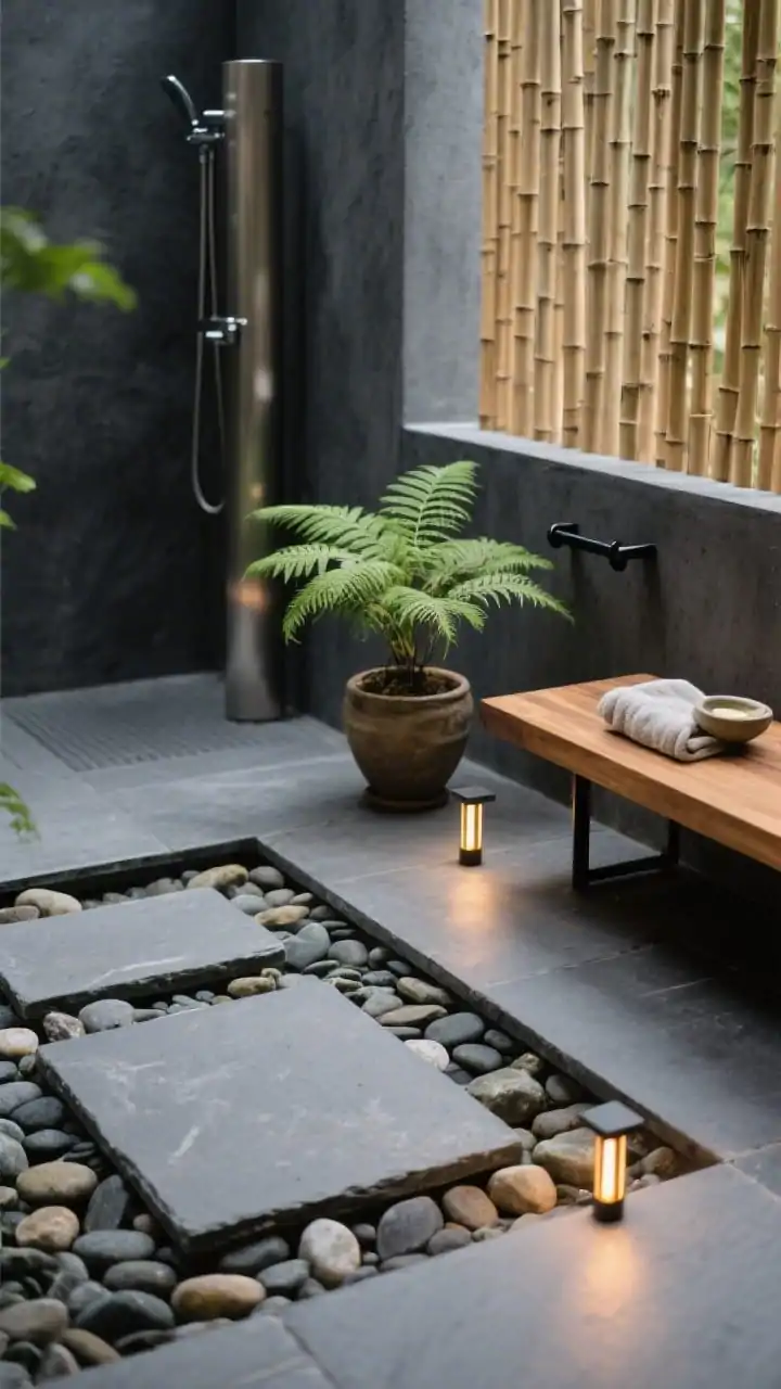 Detail closeup, minimal zen stone spa: overhead angle focusing on a shallow bed of smooth river stones with large square paver stepping pads; edge of a charcoal cement back wall visible with a brushed stainless shower column blurred in the background; simple bamboo screen slats along one side and the corner of a low teak bench; a single potted fern with lush green fronds; black metal towel bar and a hand-thrown ceramic soap dish with a linen hand towel nearby; warm solar stake lights tucked among stones beginning to glow; palette of charcoal, warm wood, stone gray, lush green; serene, restrained composition; photorealistic, no people.