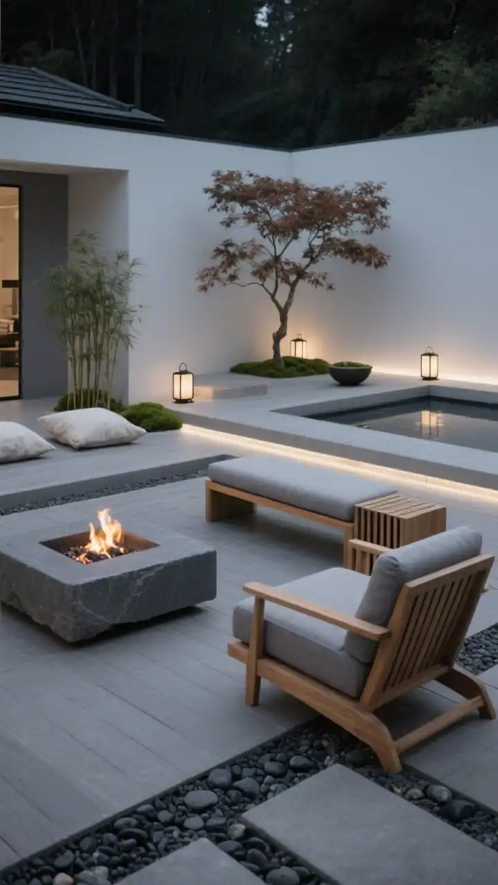 Detail closeup, Minimalist Zen Hearth at night: soft gray decking framing a low graphite stone fire pit with subtle flames; the corner of a boxy teak lounge chair upholstered in fog-gray performance fabric; a smooth bench doubling as a console with a single slatted side table; a gravel meditation strip with stepping stones and black river stones neatly raked; linen floor cushions and minimalist lanterns positioned along the perimeter; a Japanese maple leafing softly, dwarf bamboo and moss bowls nearby; recessed step lights washing the edges and a calm water basin reflecting light; palette of graphite, soft gray, natural teak, whisper white; serene, sculptural, photorealistic.