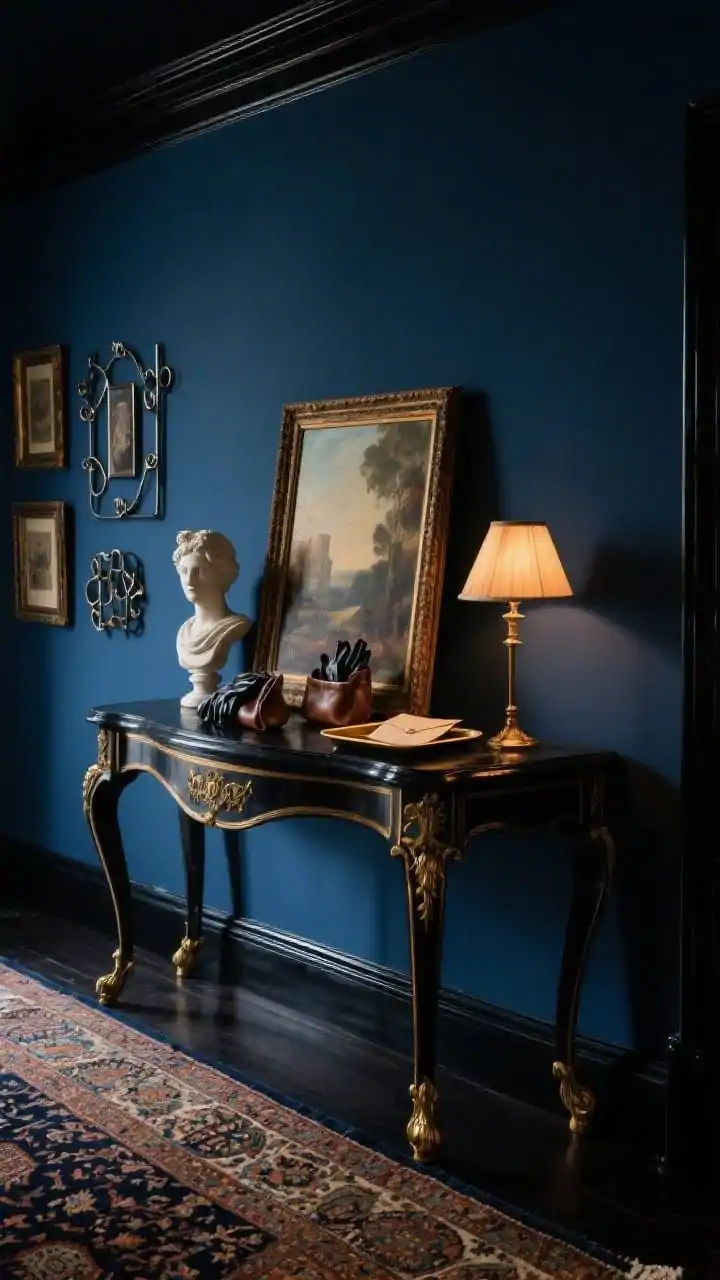Detail closeup, moody lighting of a Moody Vintage Layering console vignette: deep inky blue wall with glossy black trim edge visible, rich Persian rug pattern peeking at the bottom of frame. An antique Empire-style console with brass feet topped by a vintage oil painting leaning against the wall, a small classical bust, and a shaded table lamp casting warm library glow. Trays and leather catchalls arranged for gloves and mail, hints of mixed-metal frames from a nearby gallery wall. Dramatic, storied atmosphere, photorealistic.