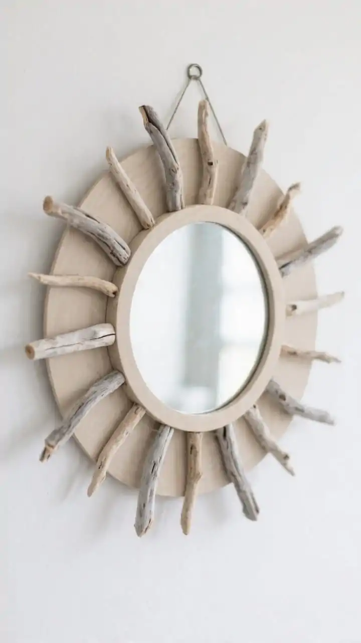 Detail closeup of a coastal mirror with a driftwood sunburst frame: a 16-inch round mirror centered on thin plywood backing, surrounded by carefully arranged small driftwood sticks radiating like sunrays. Sticks are trimmed with pruning-shear-clean edges, layered with alternating lengths for crisp dimension, tips pointing slightly outward for a sharp starburst silhouette. Strong adhesive is invisible; a D-ring hanger on the back glimpsed at the edge. Neutral driftwood grays and tans, reflective mirror catching soft, bright natural light. Shot at a slight angle to show depth and layered texture; clean white wall background. No people, photorealistic.