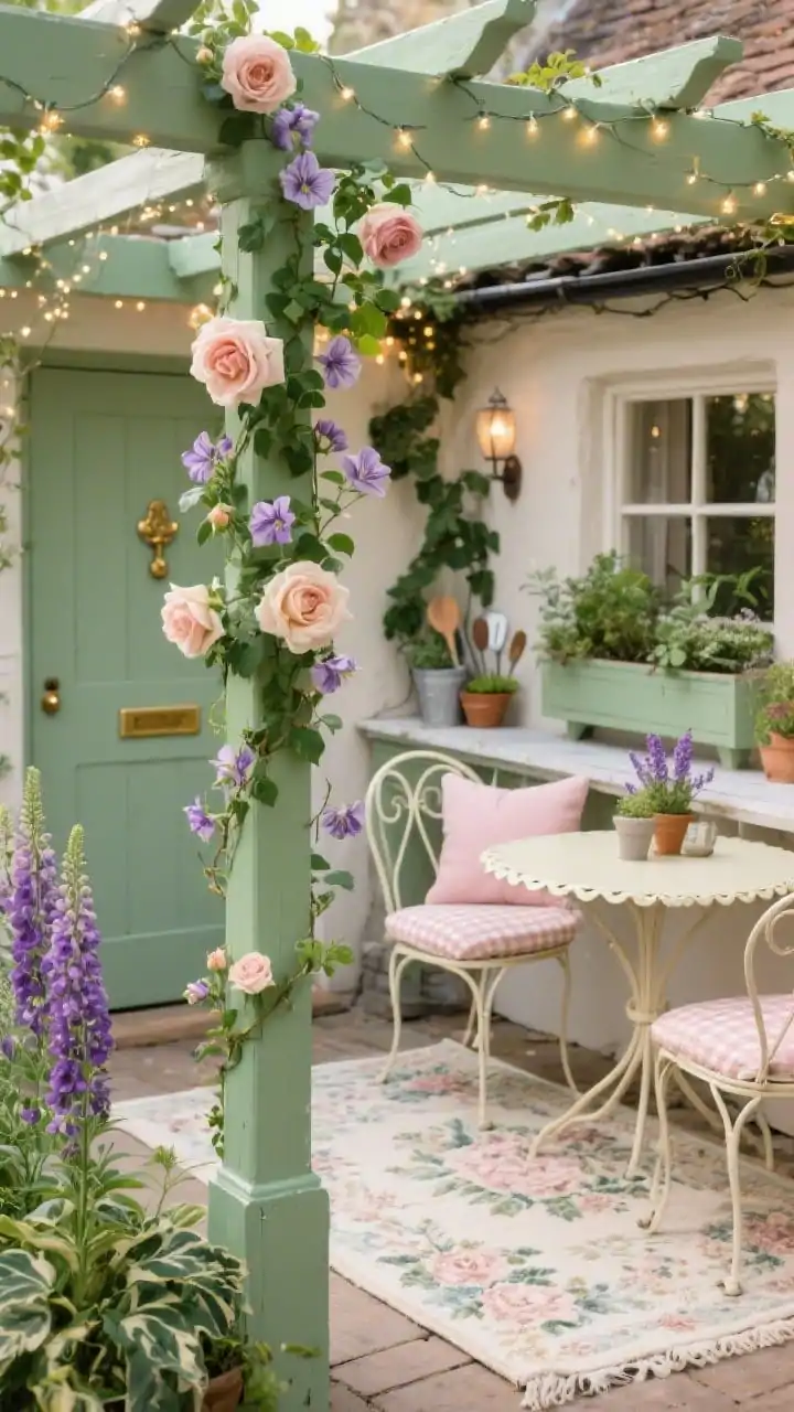 Detail closeup of a cottage garden vignette: sage green painted pergola post wrapped with climbing roses and clematis, fairy lights woven through the rafters twinkling; adjacent bistro-style set in creamy metal with scalloped edges, pale blush cushions, and gingham seat pads; floral indoor-outdoor rug visible beneath; whitewashed console table behind holding small planters and potting tools; lavender borders, foxgloves, and variegated ivy spilling from nearby window boxes; brass door knocker catching soft afternoon light; romantic storybook feel, photorealistic.