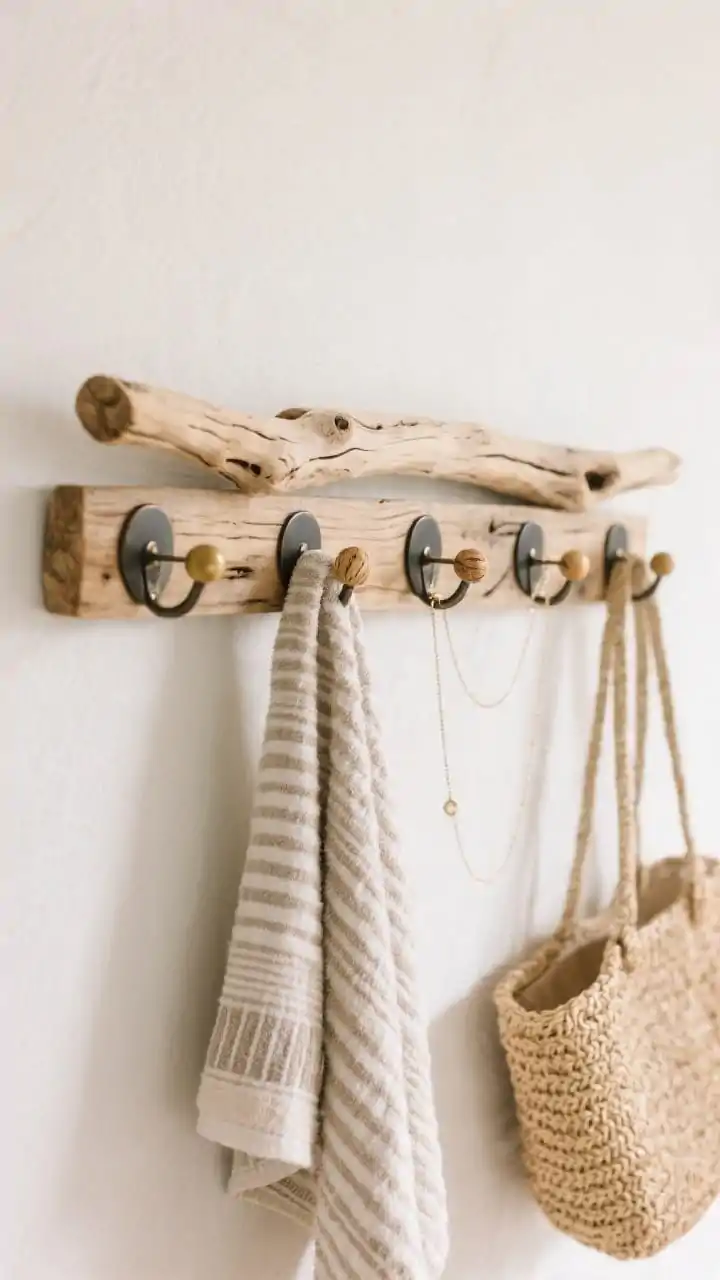 Detail closeup of a functional driftwood hook rack mounted on a white wall. The driftwood is cleaned, lightly sanded, and sealed matte, fitted with understated matte brass and soft black pegs; some natural knobs also serve as hooks. Styled with neutral, handwoven striped towels, a straw bag, and a delicate necklace to show use. Spa-like, beachy mood with warm natural light; focus on texture grain of wood, weave of towels, matte metal finishes.