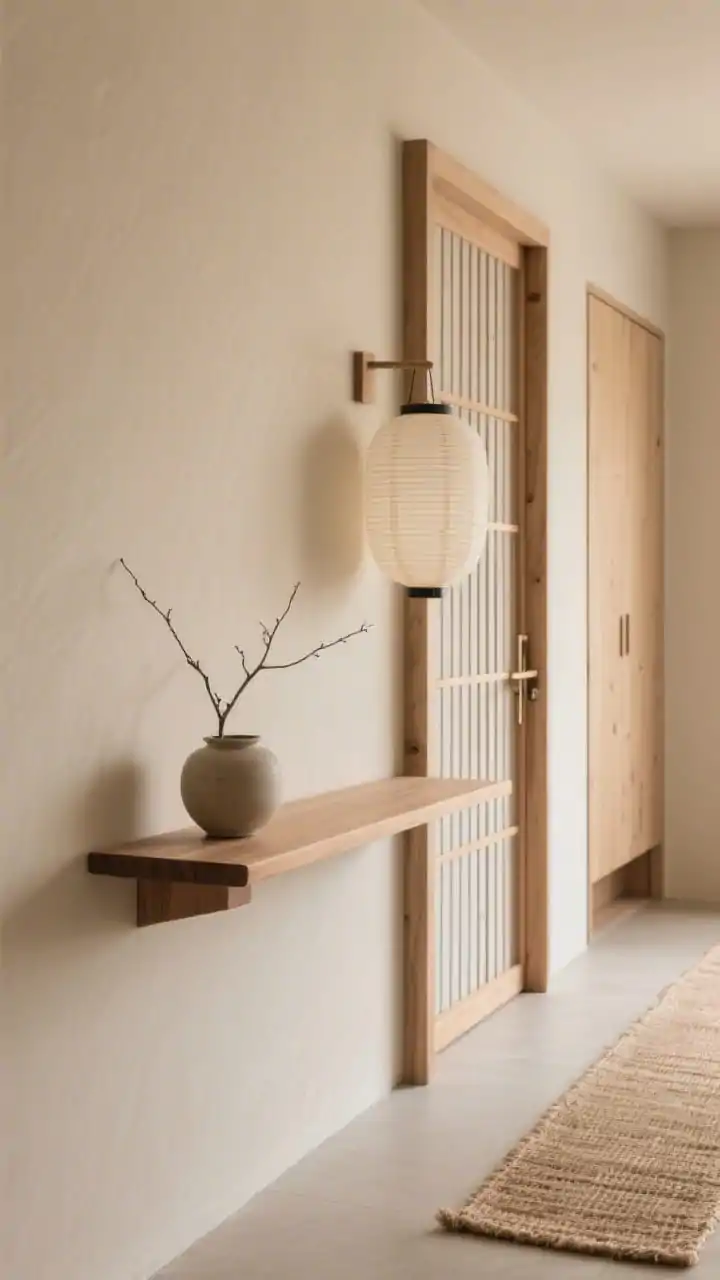 Detail closeup of a Japandi calm corridor vignette: mushroom beige wall with crisp flush shadow gap instead of baseboards, a slim ash wood console with softly rounded edges, a single stoneware ceramic vessel holding a delicate branch; adjacent panel of vertical slatted wood with push-latch doors (no handles) hinting hidden storage; soft, diffused light from a nearby paper lantern sconce and a flat-weave jute runner edge visible at the bottom; warm neutrals, natural textures (ash, jute, rice paper), serene and minimal, photorealistic, no people.
