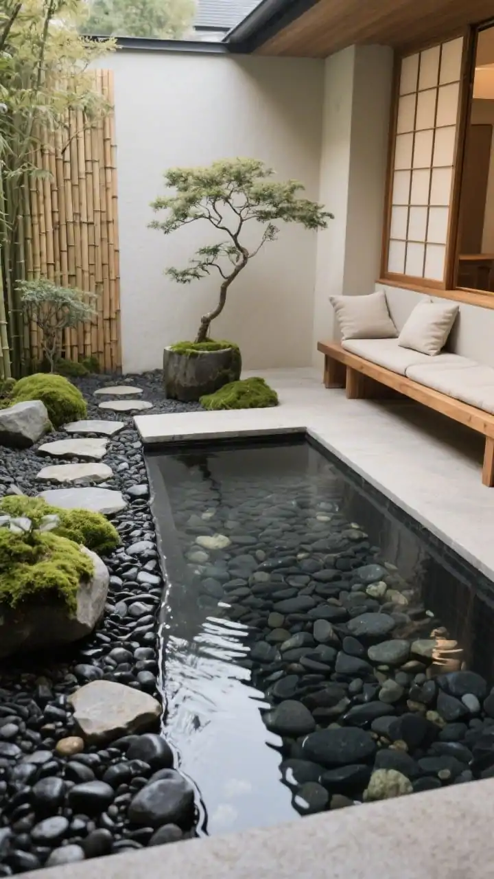 Detail closeup of a Japandi courtyard: onsen-inspired stone plunge pool set among black river pebbles, mossy planters, and a narrow water rill feeding the pool; stepping-stone path leading past bamboo screens and a delicate Japanese maple; edge of a built-in ash-wood bench with linen cushions; soft filtered light through shoji-style sliding panels; palette of bone, soft gray, charcoal, warm ash; tranquil, tactile textures (creamy plaster, stone, wood); overhead-leaning angle focusing on water surface, pebbles, and moss.