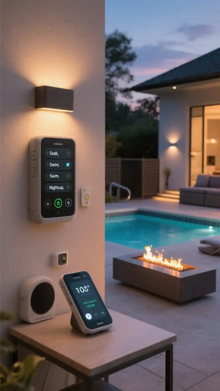 Detail closeup of a smart-control scene at twilight: a weatherproof wall panel or phone on a side table displaying presets labeled “Soak,” “Swim,” and “Nightcap,” while the hot tub and pool heater indicators show active temperatures, and a sleek linear fire pit ignites. Include hints of discreet outdoor speakers, and subtle references to safety like a pool gate sensor and an auto-cover track. Warm, layered lighting glows in background. No people.