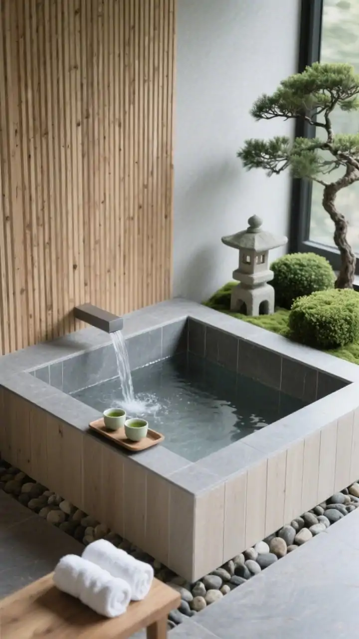 Detail closeup of a zen reflecting spa with onsen touches: square basin lined in smooth graphite tile with a single blade waterfall feeding gently, pale porcelain planks framing the edge with inset river pebbles, a cedar slat wall in soft focus behind; foreground includes a low teak bath stool with rolled white towels and a tray with matcha cups; clipped boxwood and a Japanese maple peeking into frame, a single stone lantern; muted palette of graphite, pale stone, soft wood, mossy greens; serene, diffused lighting, photorealistic.