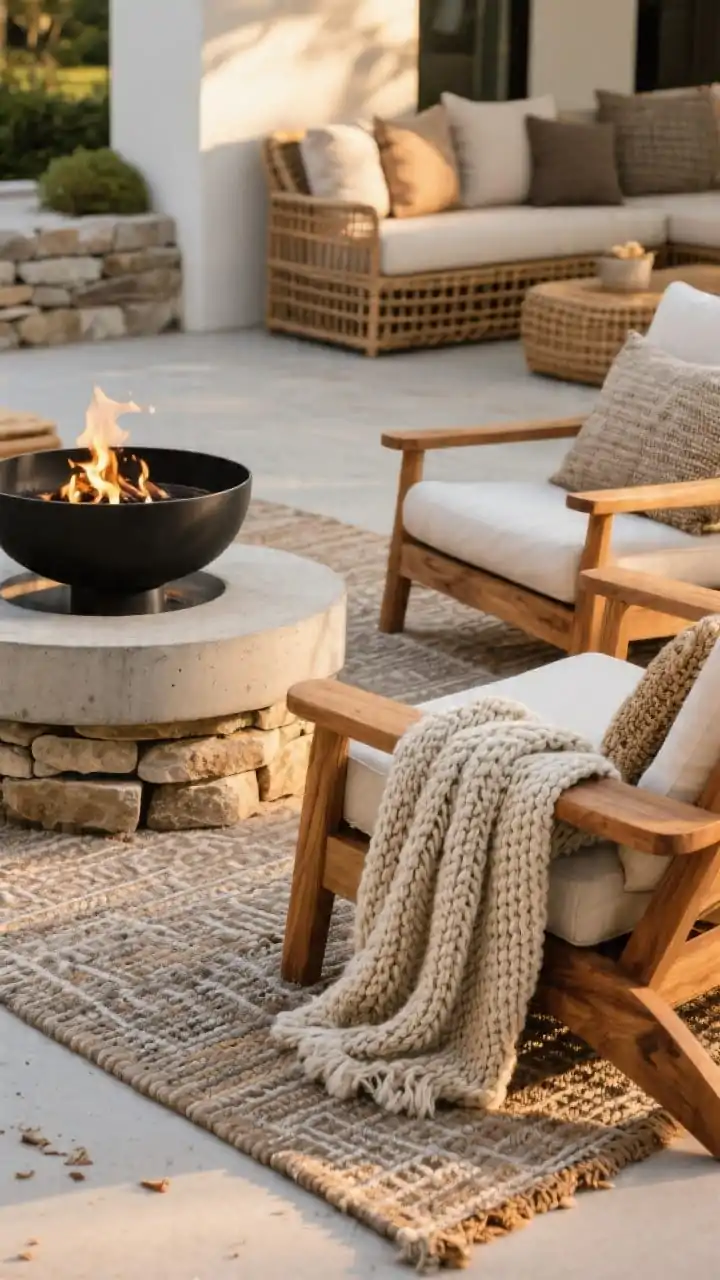 Detail closeup of layered textures: a concrete bowl fire pit beside warm teak lounge chairs, paired with chunky knit throws draped over the arm. Include a black steel fire pit option near rattan seating in background and a stacked stone base with performance cushions to suggest variety. A flatweave outdoor rug anchors the scene, with subtle pattern that hides crumbs. Golden hour light grazes the concrete, wood grain, rattan weave, and knit fibers. Corner angle, shallow depth of field, photorealistic.