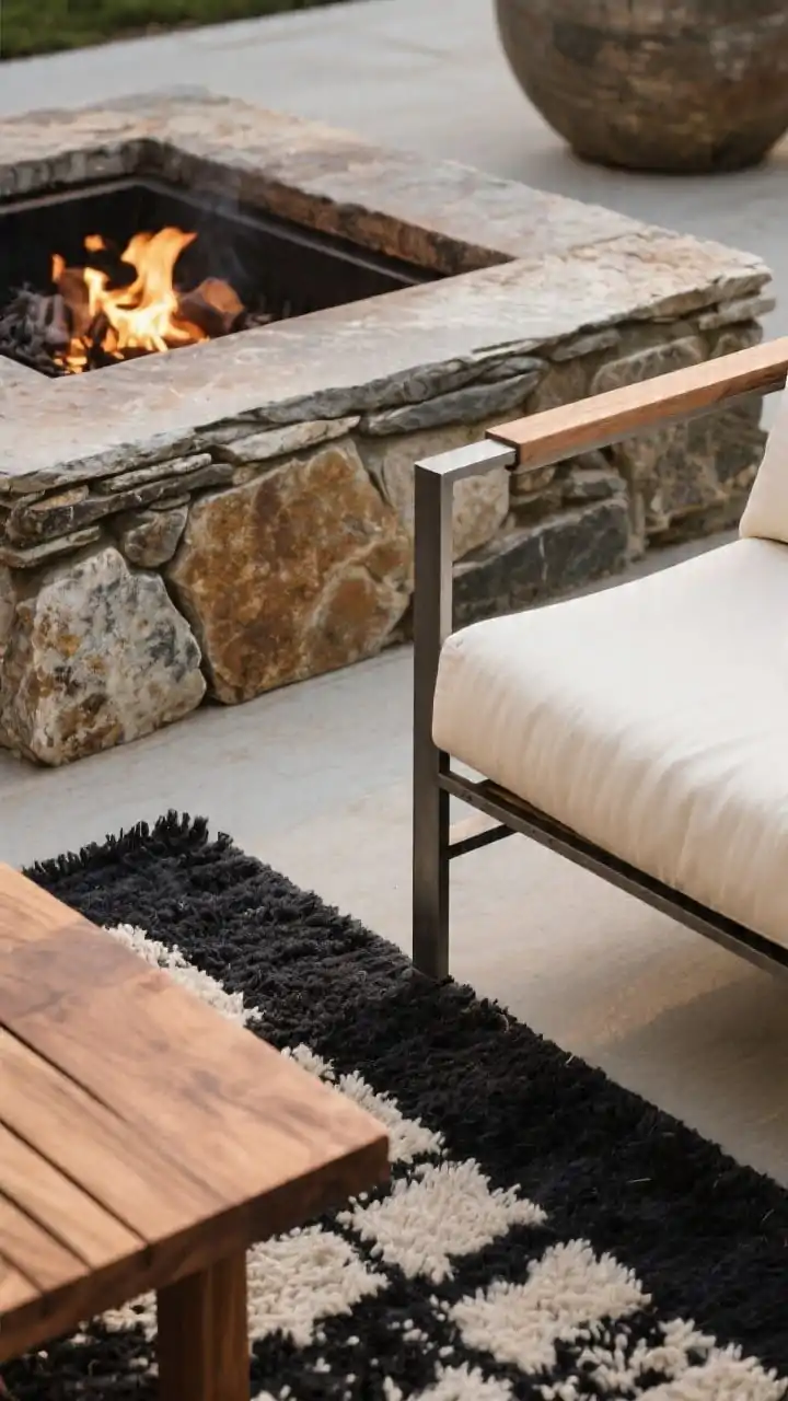 Detail closeup of mixed materials collected over time: a vignette showing a stone fire pit edge, metal-framed outdoor chair arm with cream cushion, the corner of a teak bench, and a wool-look outdoor rug in black, wood, cream, and one muted accent color; cohesive look via repeated materials; soft firelight grazing patina on teak; sharp, photoreal textures; shallow depth of field highlighting material contrast.
