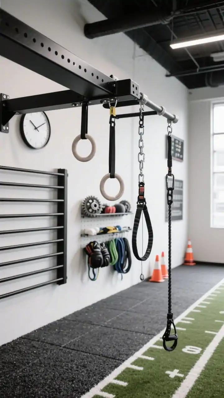 Detail/closeup of the sport-training hybrid hardware: heavy-duty steel beam in a monochrome palette (black, steel, white) with gymnastic rings, trapeze, and an adjustable belt swing hung from coach-rated grips and quick-release carabiners; clear fall zones visible below with graphite rubber mulch texture. To the side, a crisp 10-foot turf sprint lane with white yard markers and a resistance bungee anchor. Background hints of a scoreboard-style wall clock and a slatted gear rack holding cones, bands, gloves, and chalk. Bright daylight, sharp, performance-focused mood.