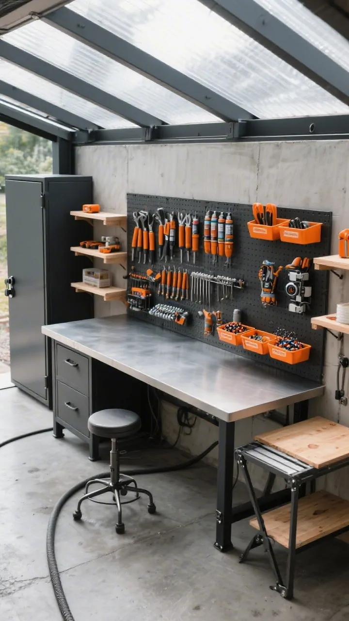 Detail closeup, overhead angle: A rugged open-air workshop surface under a pergola with translucent polycarbonate roofing casting diffused light. Focus on a stainless-top workbench with neatly arranged pegboard tool wall behind it; magnetic strip holding hand tools, trays sorted with paint tubes, beads, and small robotics parts. Colors and textures: concrete gray floor slab with hose-down finish, matte black hardware, pine shelving, pops of safety orange on tool handles and storage bins. Include a lockable cabinet door edge, height-adjustable stool leg, and a fold-out side table partially extended. Industrial, practical, and clean, no people.