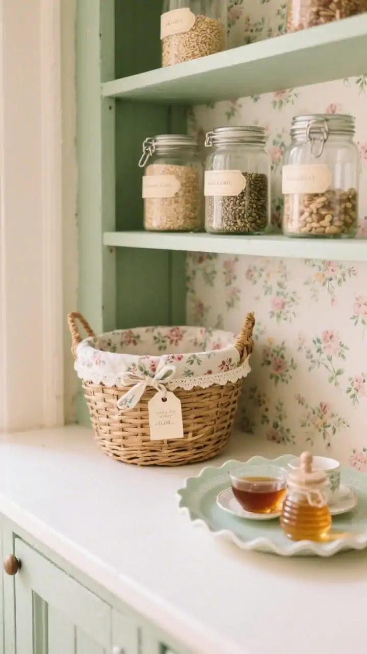 Detail closeup, overhead: Cottagecore pantry vignette showing a sage-painted shelf with tiny floral wallpaper backing peeking between jars; clip-top jars with soft cream labels holding grains and seeds; a woven basket trimmed with a floral liner and a ribbon-tied tag; a scalloped-edge tray nearby arranged with teas and honey; gentle, homey lighting; color story of sage, cream, and blush; photorealistic.