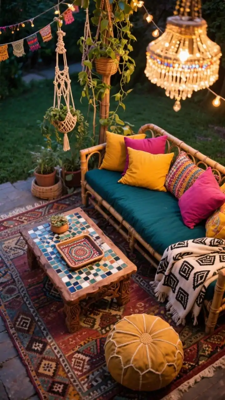 Detail closeup, overhead three-quarter angle: A boho garden lounge vignette showing layered patterned outdoor rugs (one large, one smaller and offset), the corner of a bamboo daybed piled with mix-and-match cushions in marigold, fuchsia, and deep teal. A carved wood coffee table styled with mosaic-tile trays, a kilim pillow peeking in frame, and block-printed throws draped casually. Macramé plant hangers with trailing pothos overhead, floor poufs nearby, and hints of festival-style string lights and a beaded chandelier bokeh in the background. Warm, whimsical evening light, photorealistic.