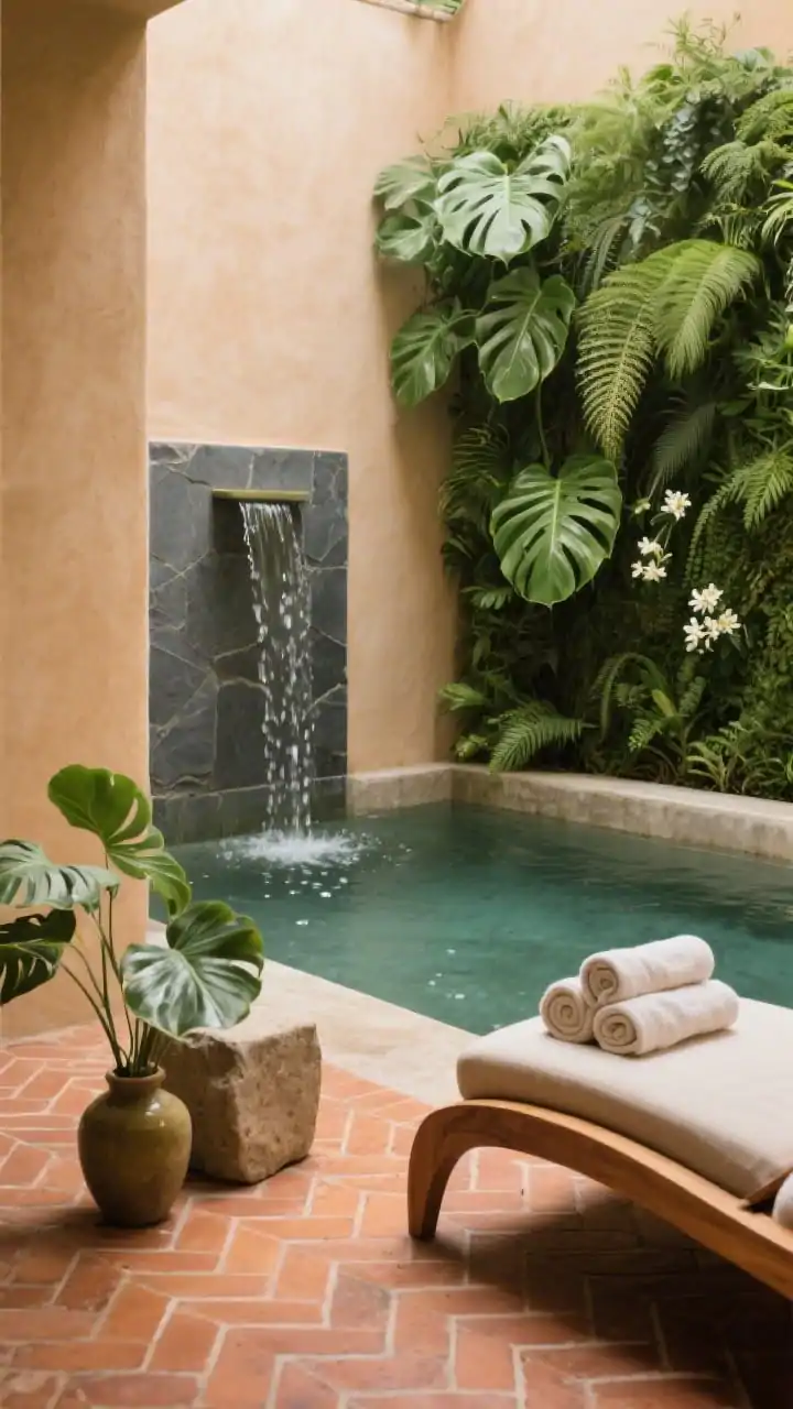 Detail closeup, photorealistic: A spa-like plunge pool corner in a compact courtyard. Focus on a slate water wall sending a gentle sheet into the pool, with droplets catching soft ambient light. Surrounding smooth stucco walls in warm sand hue frame a lush green wall draped with philodendron, ferns, and jasmine. Foreground styling: handmade terracotta herringbone tile under a curved teak lounger leg, a stone stool beside it holding rolled linen towels, and a low olive jar filled with monstera leaves. Color mood: sand, slate, lush green. Lighting: calm, diffused spa ambiance.