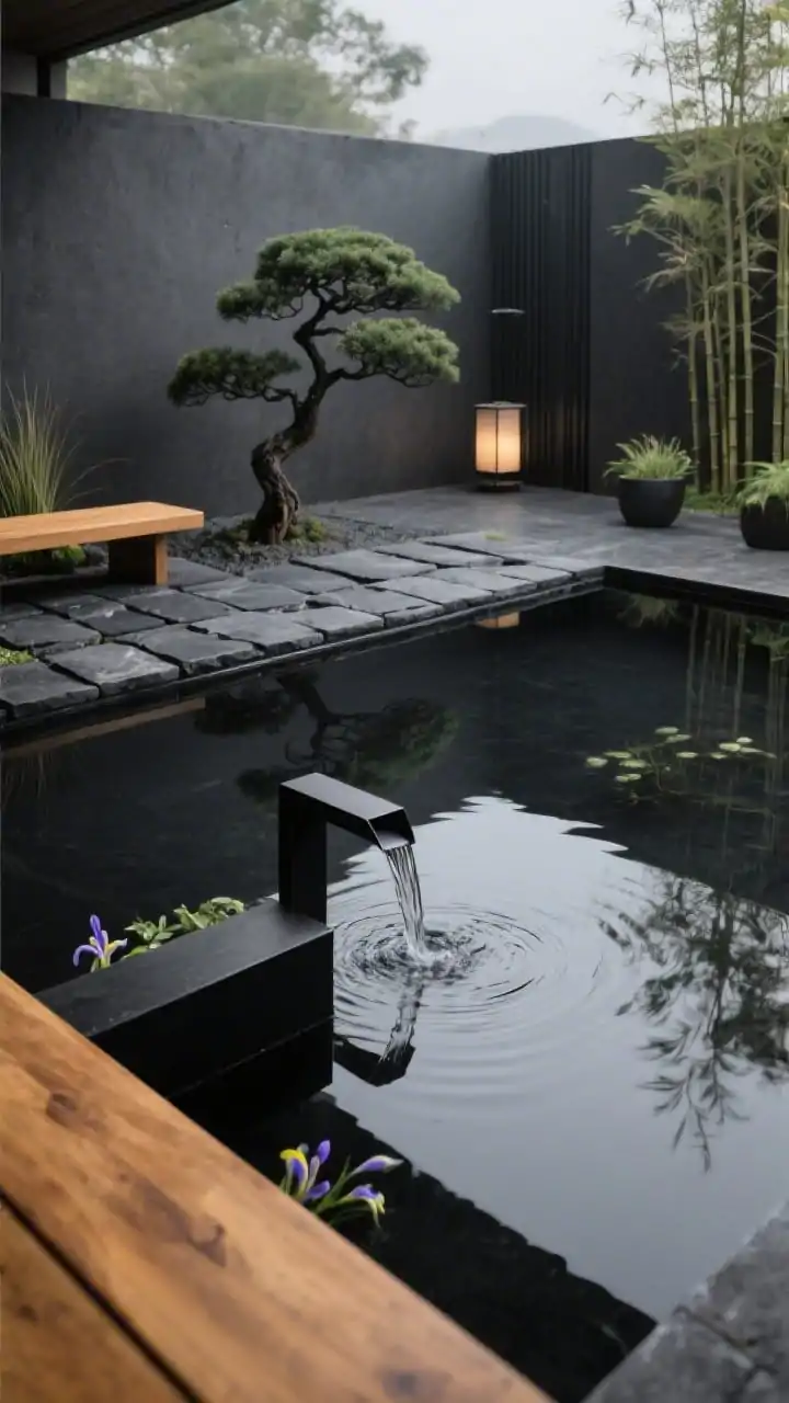 Detail closeup, reflective surface and materials: a compact rectangular basin with smooth dark plaster that reads almost black, the water a mirror reflecting a single sculptural Japanese maple and a run of charcoal/basalt pavers. Foreground shows a blackened steel blade spout delivering a steady ribbon of water into the pool, delicate ripples forming. Edge of a floating cedar bench in frame, warm honey tone against the charcoal palette. Minimal planting hints: soft rush and water irises on a shallow regeneration shelf behind a concealed divider; tall planters with bamboo blurred in background; one understated lantern for evening glow. Lighting: soft, overcast, meditative. Color palette: charcoal, ink black, cedar honey, fresh green.