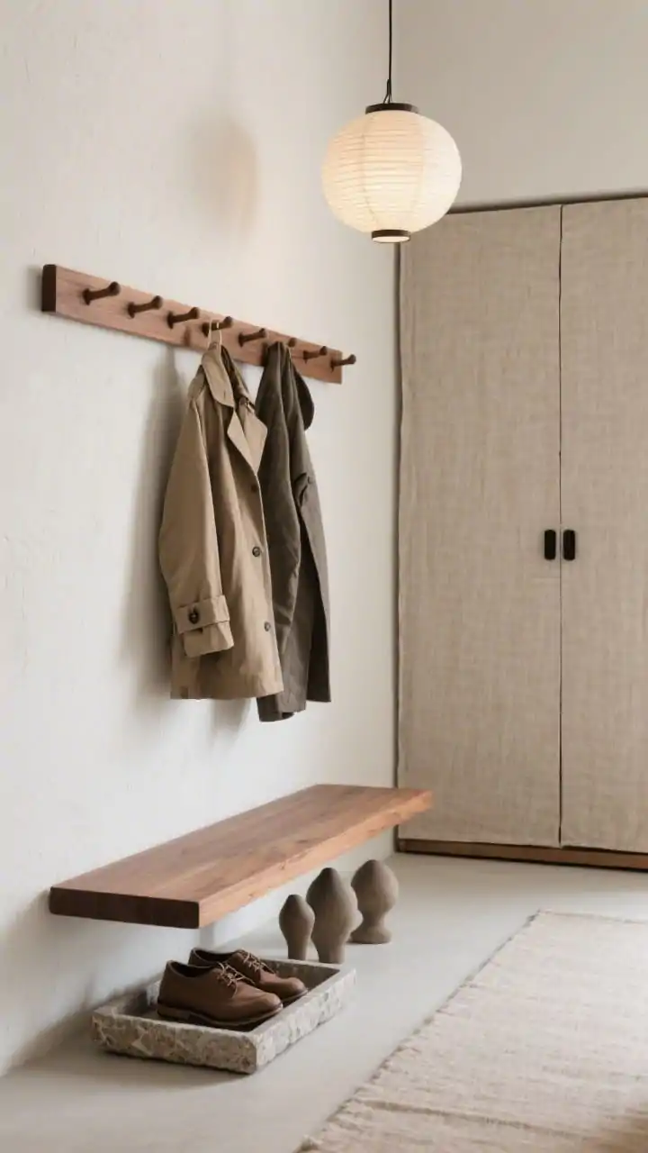 Detail closeup, side angle focusing on a Japandi solid wood peg rail (walnut or ash) with generously spaced pegs holding a few neatly hung coats. Beneath, a stone tray corralling shoes like sculptural objects. Adjacent, a linen-front wardrobe with slim black pulls, showing the flax linen texture. Plaster-look off-white wall, a soft runner at the edge of frame, and the diffuse glow of a paper lantern pendant casting calm, hush-lux ambiance. Photorealistic.