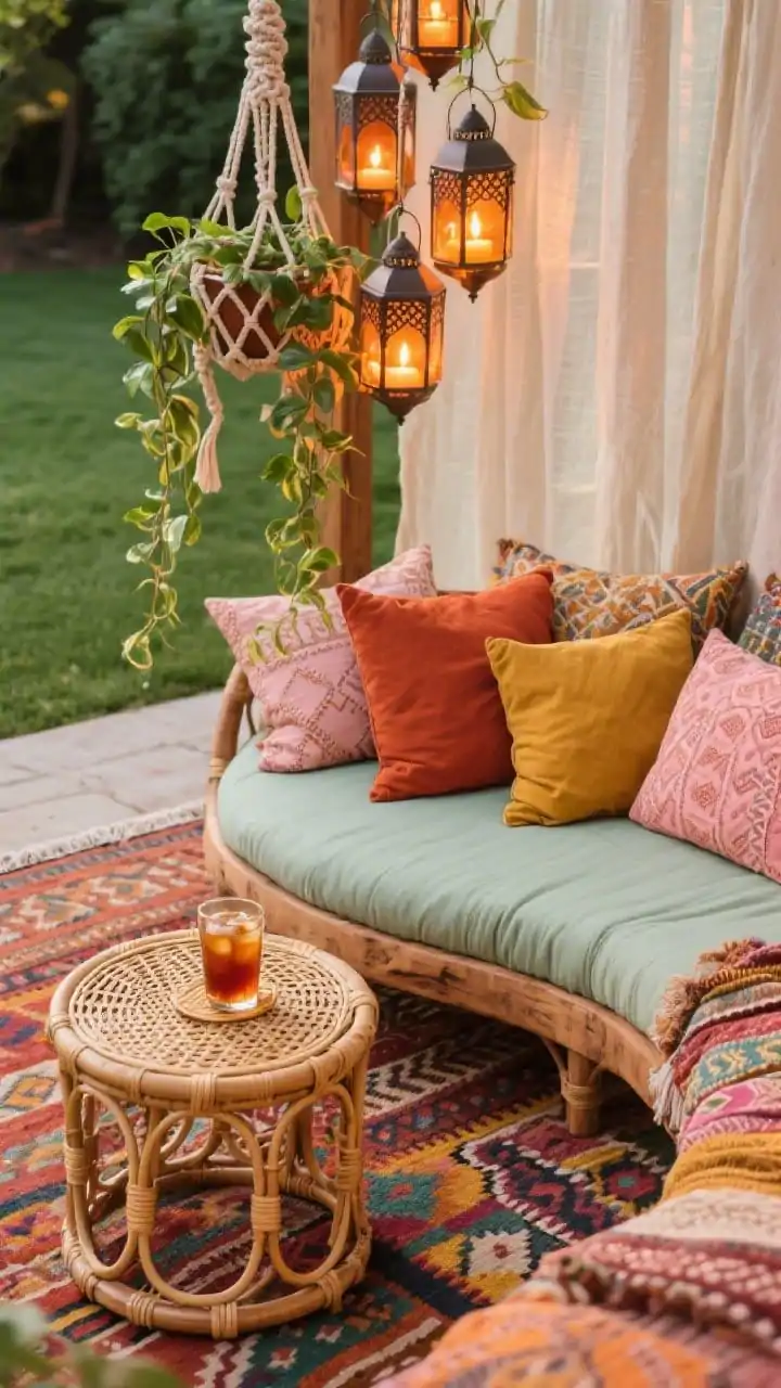 Detail closeup, slightly overhead: A cozy boho garden nook vignette focusing on textures and layers. A low, round acacia daybed edge is visible, piled with mix-and-match patterned pillows in terracotta, mustard, and blush. A colorful kilim-style outdoor rug peeks beneath. In the foreground, a woven rattan side table holds a glass of iced tea. Macramé plant hangers with trailing pothos drop into frame. A cluster of Moroccan lanterns with warm LED candles adds amber glow, and a gauzy outdoor curtain drapes softly in the background. Palette: terracotta, rust, blush, sage, antique gold. Materials: rattan, acacia wood, woven textiles, brass.