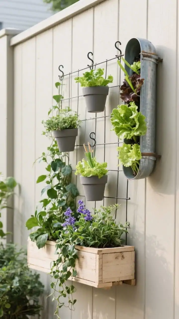 Detail closeup, straight-on: A compact vertical garden on a fence featuring a wire grid with S-hooks holding small matte pots, a sanded and sealed pallet planter stuffed with cascading ivy and lobelia, and a mounted repurposed gutter planted with lettuces; visible self-watering spikes tucked into pots; lush, layered foliage textures; bright, even daylight emphasizing greens against a neutral fence.