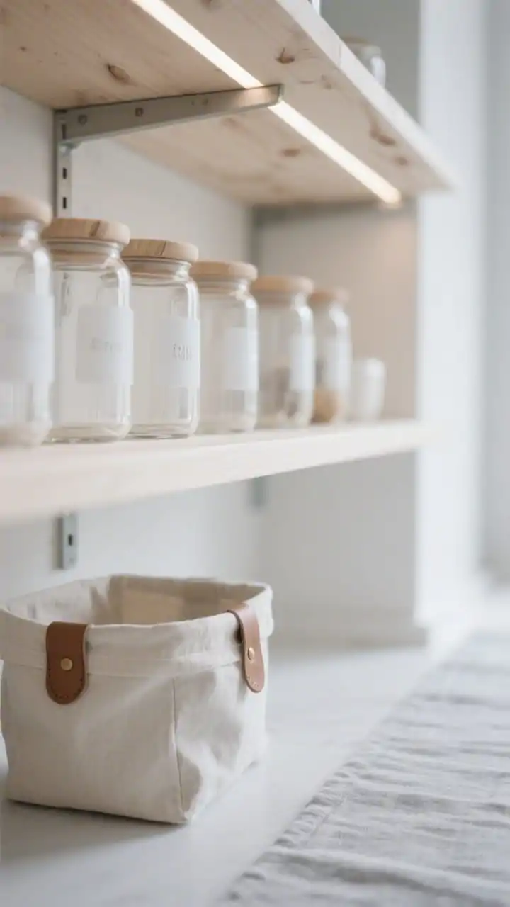 Detail closeup, straight-on: Scandinavian minimal pantry shelf in birch with hidden brackets and diffused LED strip lights glowing underneath; glass jars with pale birch lids and frosted vinyl labels arranged with serene spacing; a soft-sided canvas basket with a leather tab adding texture; pale gray runner blurred in the background; color story of birch, white, and foggy gray; calm, clean mood; photorealistic.