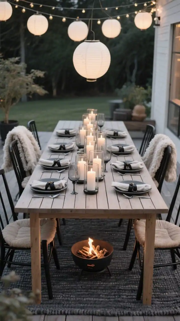 Detail closeup, straight-on tabletop view: A Scandinavian dining terrace centerpiece on a slim slatted teak dining table with a charcoal woven rug beneath. Clustered pillar candles in glass hurricanes run down the center, surrounded by matte stone dinnerware, black flatware, and simple linen napkins tied with leather. Black spindle-back chairs with linen seat pads; shearling-style throws draped over the backs visible at the edges of frame. Soft oak, gray, black, and creamy white palette. Paper lantern string lights glow softly above, with a compact tabletop fire bowl at one end for s’mores and warmth. Evening hygge glow, photorealistic.
