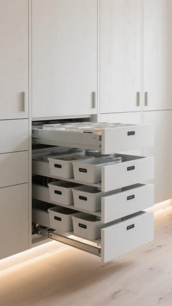 Detail closeup, straight-on: The interior of a Scandinavian pull-out pantry with floor-to-ceiling white oak flat-front cabinetry and discreet finger pulls; a full-extension pull-out shelf gliding out to display tiered drawers, all lined in pale gray with minimalist black edge labels; integrated LED toe-kick lighting casting a soft glow, slim profiles and lidded bulk bins kept tidy; photorealistic, clean and highly functional.