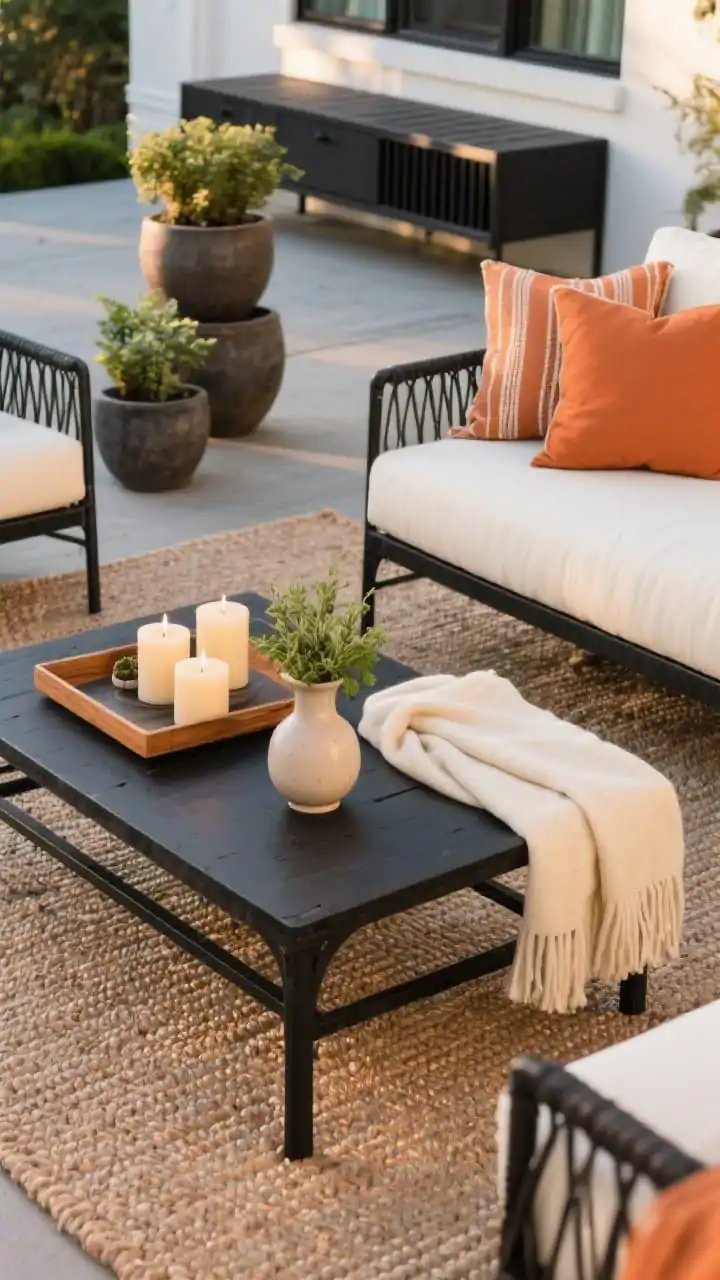 Detail closeup, tabletop vignette: Accessorized outdoor coffee table scene on a weatherproof rug coordinated outdoor textiles in a tight 2–3 color scheme (e.g., terracotta, black metal, and cream) with cushions and a light throw; a styled tray holding candles, a small vase, and a potted herb; nearby clustered planters in threes at staggered heights; a black metal bench with hidden storage in background; soft late-afternoon light, cozy and curated.
