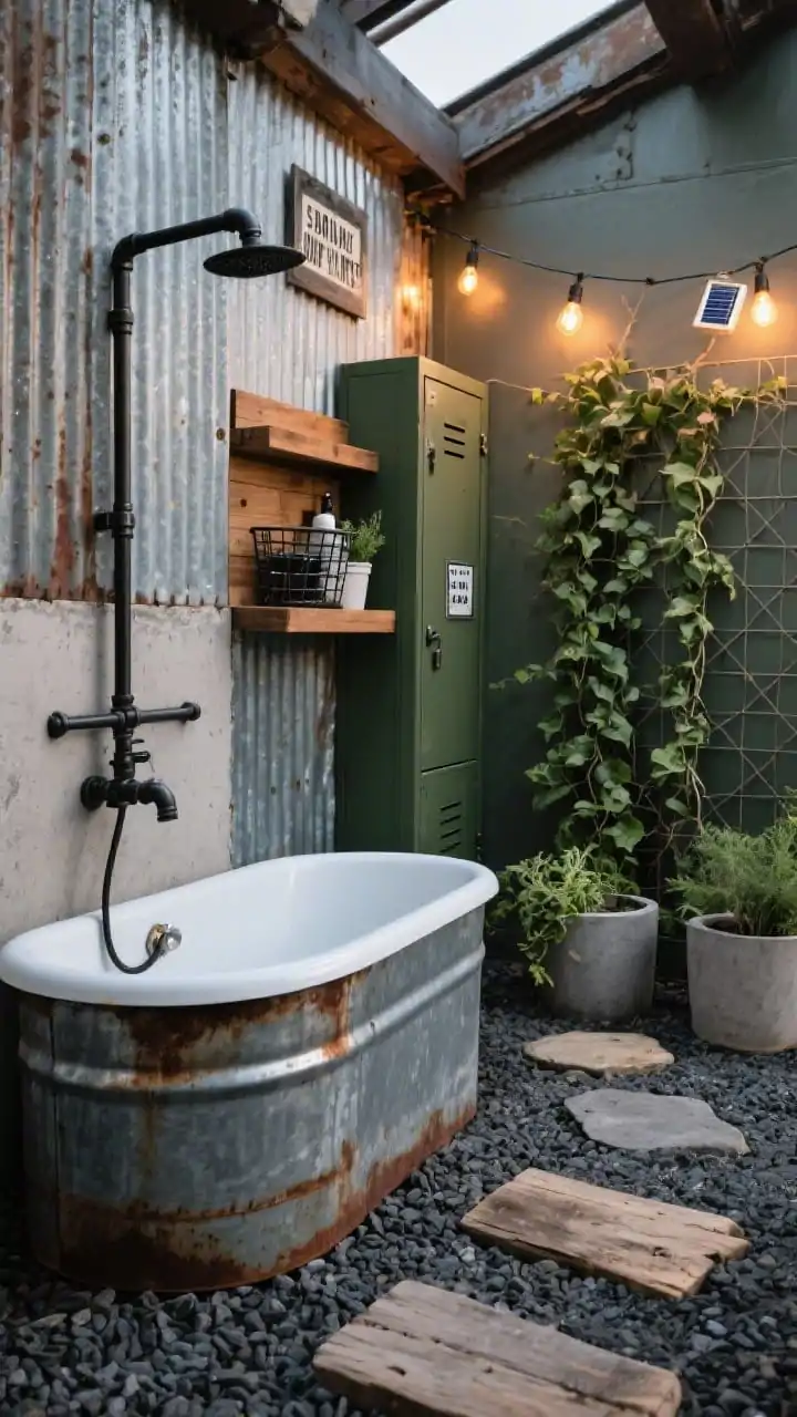 Detail closeup, upcycled industrial garden bath: angled shot focusing on corrugated metal panels with weathered texture and painted cement board edge; a repurposed galvanized stock tank rim as a soaking tub detail; exposed black iron pipe for shower and towel bars; charcoal gravel ground with salvaged wood stepping stone cutting across; climbing ivy on a wire trellis in the background and concrete planters with hardy herbs; Edison-style solar string lights glowing warmly above; a reclaimed wood shelf with a metal locker basket for supplies and a small black-and-white typographic sign; palette of gunmetal, warm wood, olive green, hints of rust; evening industrial ambiance; photorealistic, no people.