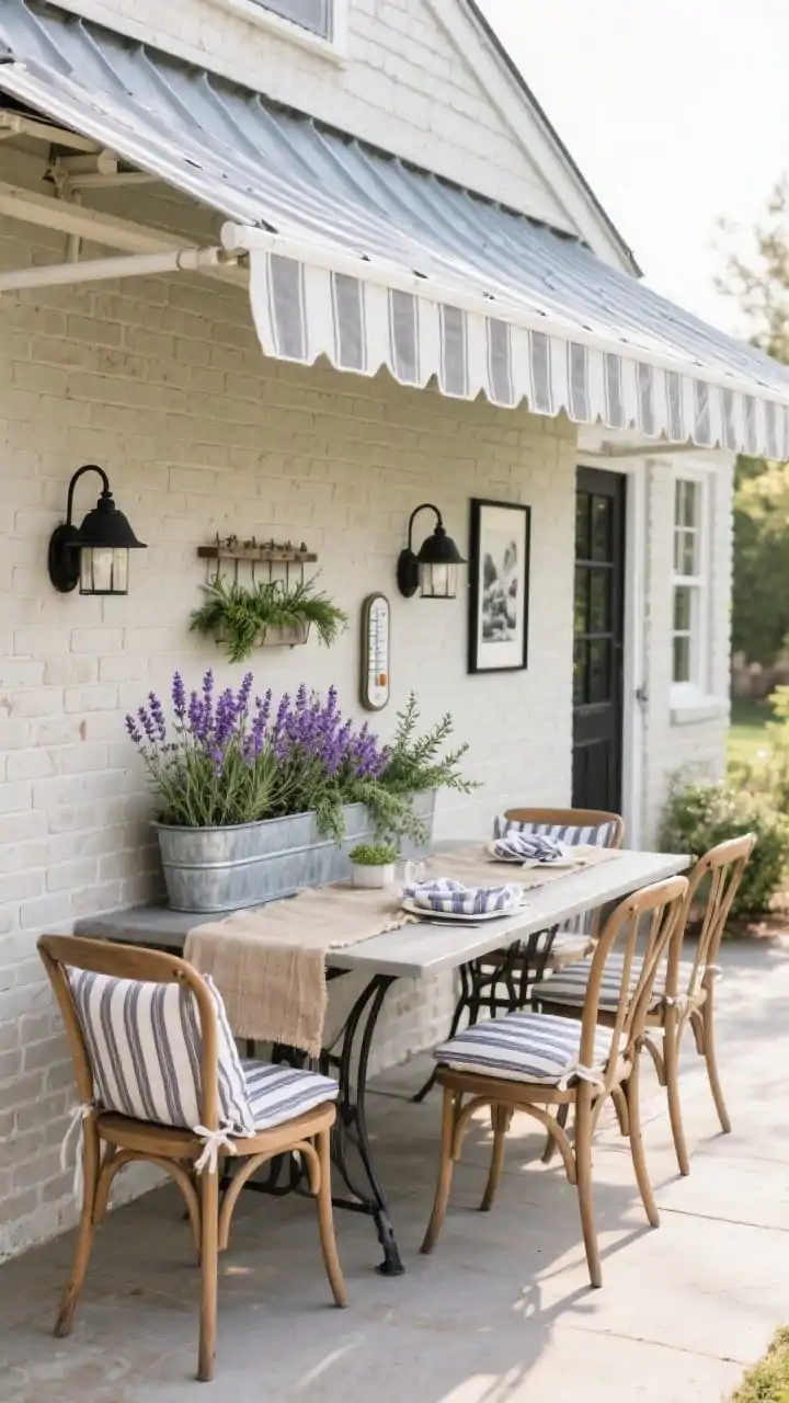 Detail/medium hybrid, farmhouse awning dining vignette: Standing-seam metal awning running the patio length; adjacent brick painted soft greige with matte black sconces echoing awning ribs; beneath, a slim bistro table with bentwood-style chairs featuring stripe-topped cushions; galvanized planter trough overflowing with lavender, rosemary, and trailing thyme; textiles including ticking stripe napkins, grain-sack runner, and linen seat pads; extras like a wall-mounted herb rack, vintage thermometer, and black-and-white outdoor art on the greige brick; palette of greige, chalk white, matte black, lavender; gentle morning light for country-fresh mood; photorealistic, no people, straight-on close-medium framing.
