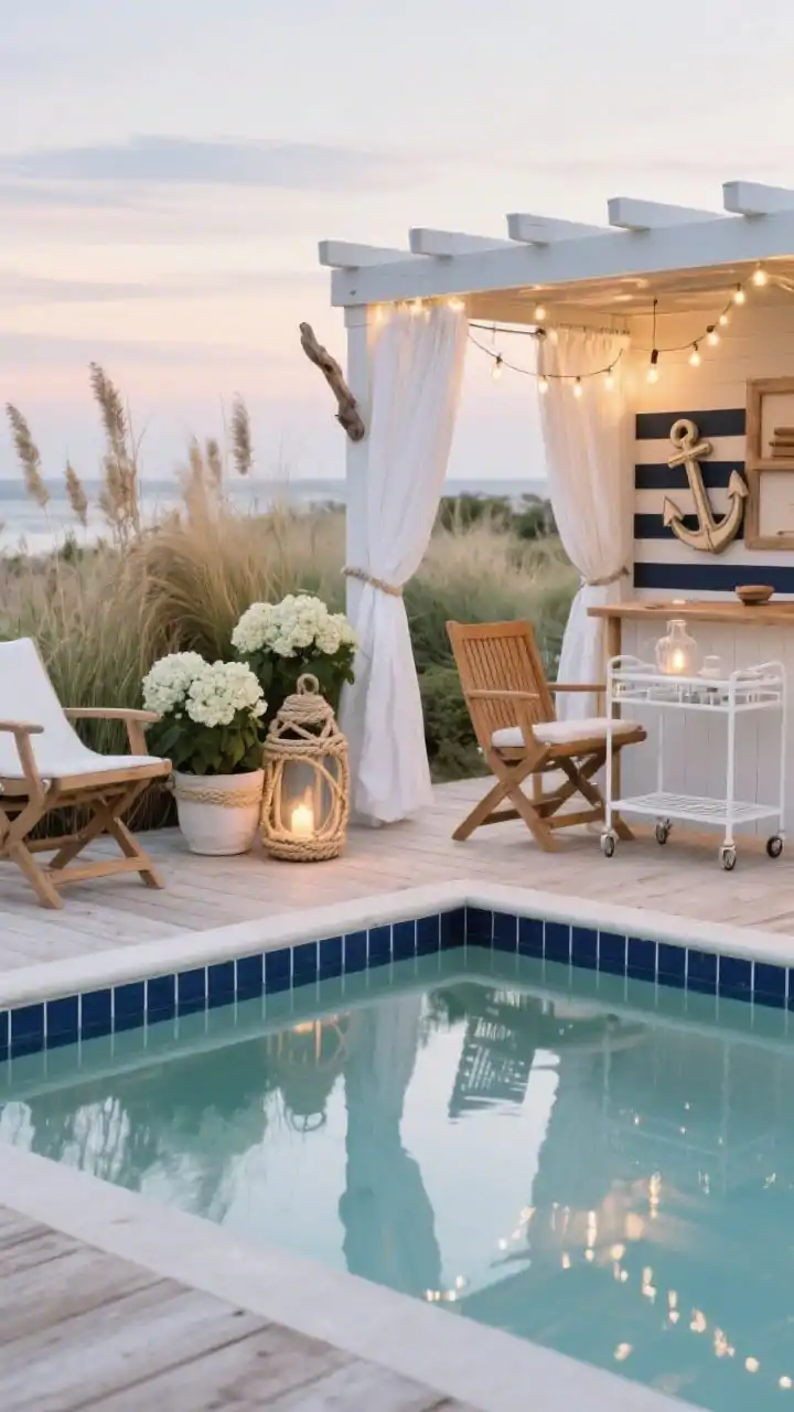 Detail/medium hybrid of a coastal cabana pool corner: small rectangular pool with navy-and-white striped waterline tile, bleached decking wrapping the perimeter; a mini cabana with billowy white curtains on a simple pergola frame, teak director’s chairs beside a white metal bar cart; rope-wrapped lanterns, potted hydrangeas and ornamental grasses; subtle anchor motifs and driftwood accents; warm string lights reflecting across the water at dusk; palette of navy, white, sandy wood, soft blue-green; photorealistic.