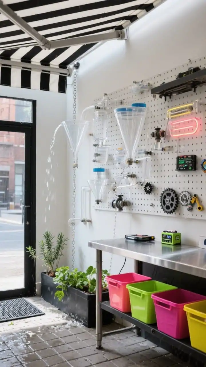 Detail/medium shot of an urban maker lab corner, daytime: a pegboard panel mounted beside a clear polycarbonate water wall with funnels, clear tubing, valves, and measuring cups arranged for reconfigurable flow; stainless utility table as a workbench with magnets, gears, and simple battery-safe circuit components; color-coded bins (neon brights) stored beneath; bold black-and-white striped awning overhead; pavers underfoot with a splash zone mat; small herb planters (rosemary, mint) adding greenery along the edge; a rain chain visible feeding into the water wall path; palette of black, white, steel, neon accents; clean, functional, photorealistic.