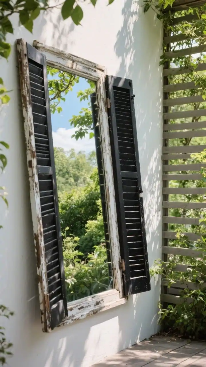 Detail/medium shot of outdoor depth illusions: a weather-resistant outdoor mirror angled slightly downward, framed with salvaged shutters to mimic a faux garden window, reflecting leafy greenery and sky; adjacent slatted, see-through screen providing privacy without a boxed-in feel; avoid direct sun glare, soft dappled light filtering through foliage; textures of painted wood shutters, matte black slats, and mirrored glass; secret-garden vibe with layered reflections, corner angle