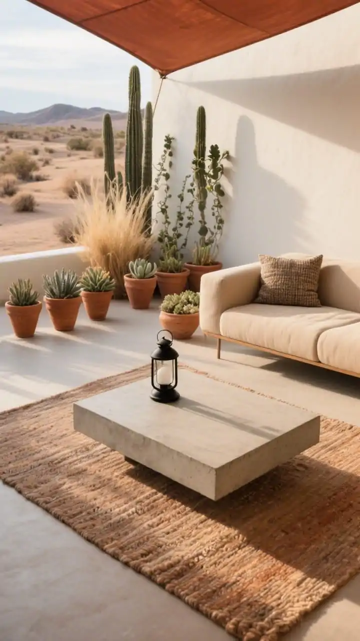 Detail overhead shot focused on desert minimalist textures: a low concrete-look coffee table centered on a flatweave rug in warm stone, with the edge of a boxy armless loveseat in canvas beige entering frame; terracotta pots aligned along the long wall with cacti and desert grasses tall species at the back, trailing succulents at front; a matte black lantern and textured lumbar pillow nearby; warm late-afternoon sun with crisp shadows; hint of a rust-hued triangular shade sail corner crossing the composition. Palette of clay, sand, charcoal, soft white, photorealistic.